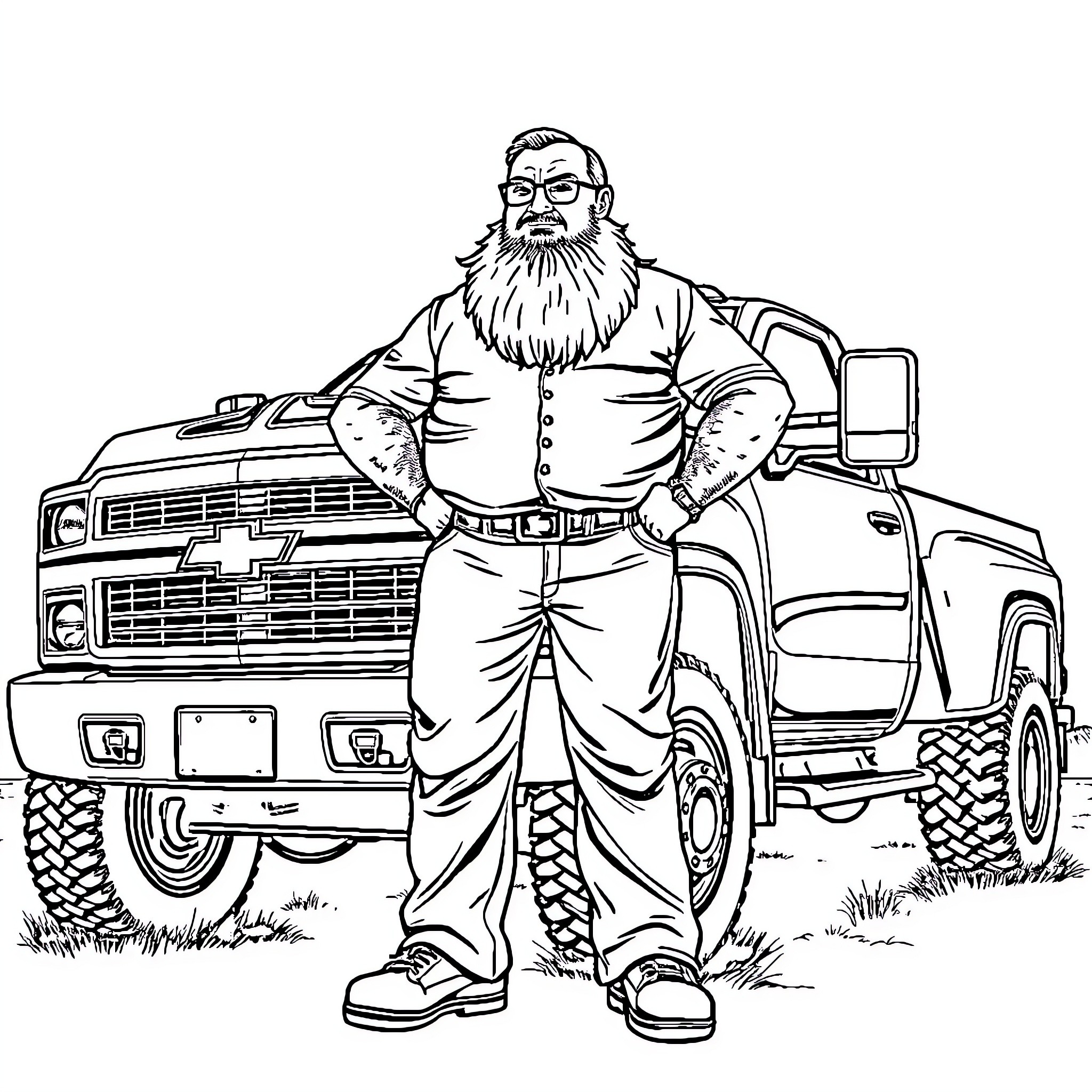 Truck driver standing confidently by his rugged vehicle Coloring Page (free black-and-white line drawing printable PDF for all, from beginners to advanced learners, including children, teens, adults, and seniors)