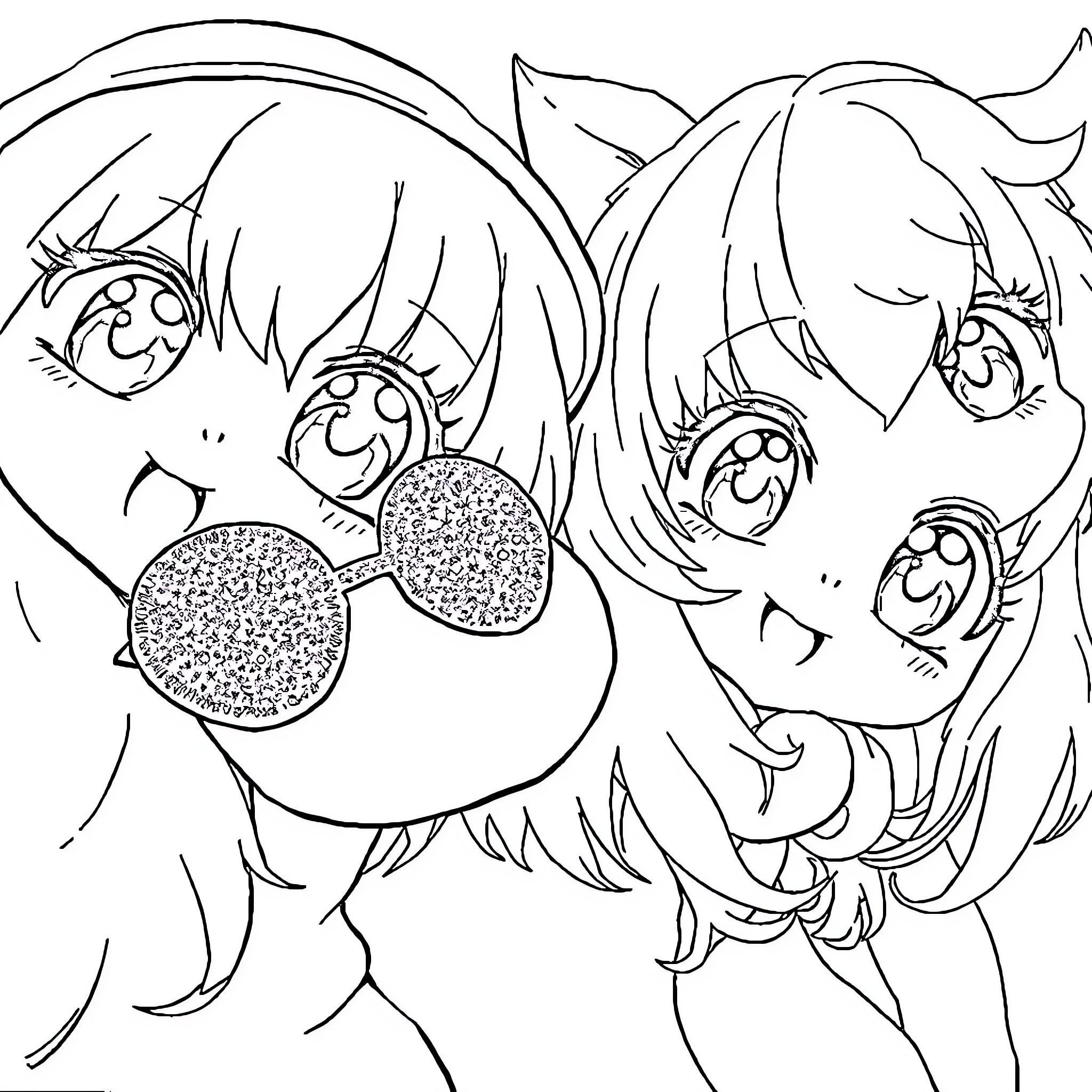 Anime Characters Playing with Plush Toys Coloring Page (free black-and-white line drawing printable PDF for all, from beginners to advanced learners, including children, teens, adults, and seniors)