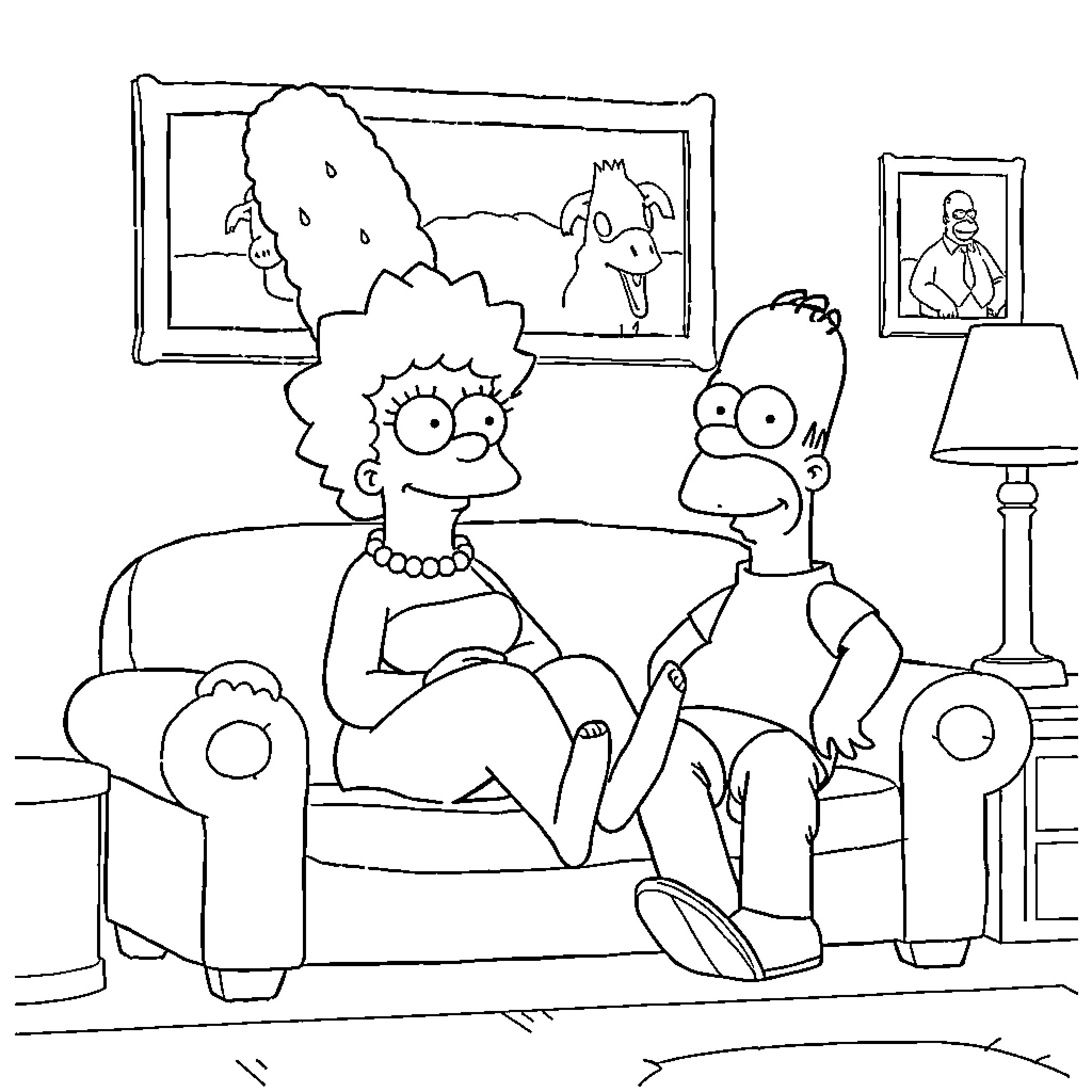 Marge Simpson relaxing on the couch with Bart Simpson Coloring Page (free black-and-white line drawing printable PDF for all, from beginners to advanced learners, including children, teens, adults, and seniors)