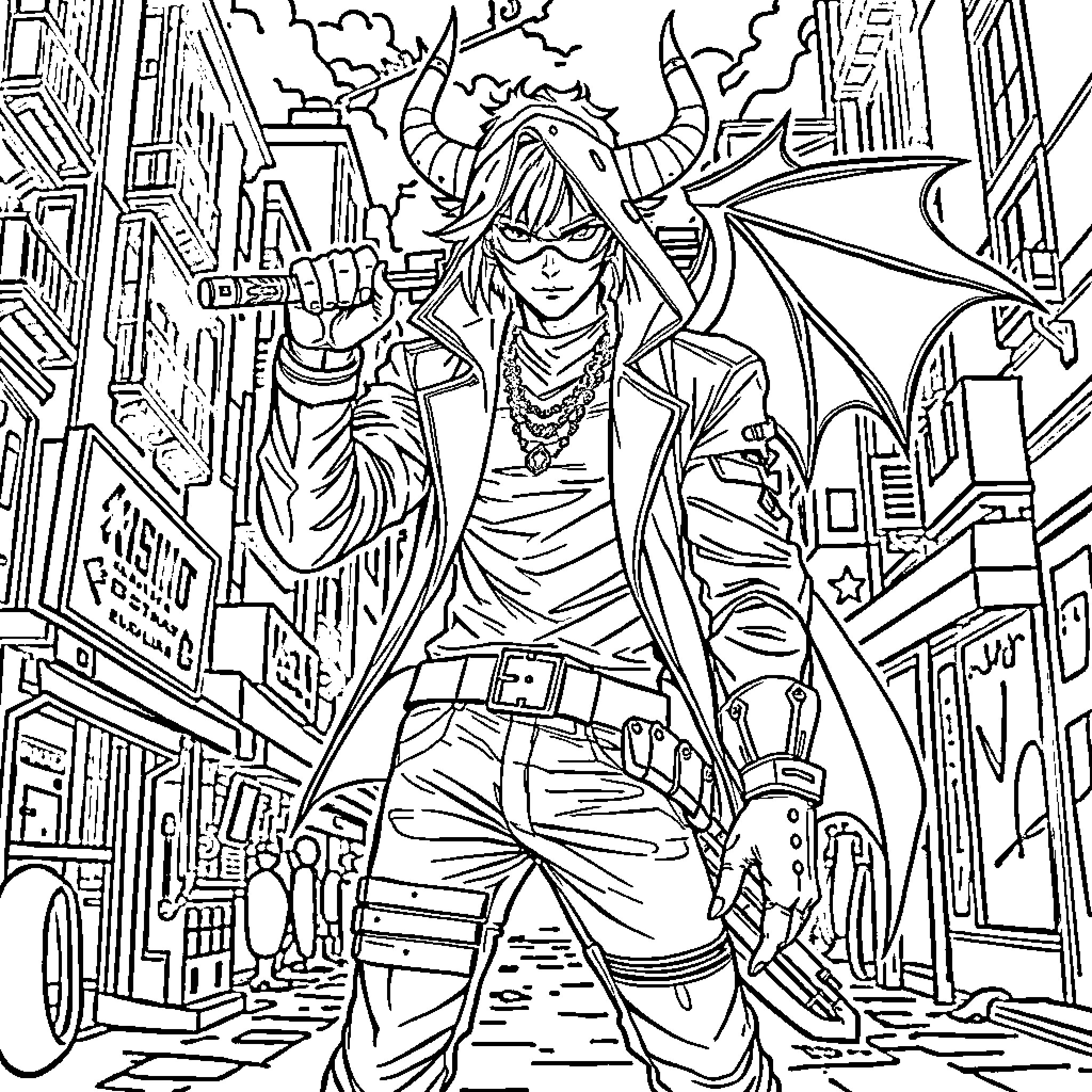 Demon Hunter Battling in the City Streets Coloring Page (free black-and-white line drawing printable PDF for all, from beginners to advanced learners, including children, teens, adults, and seniors)