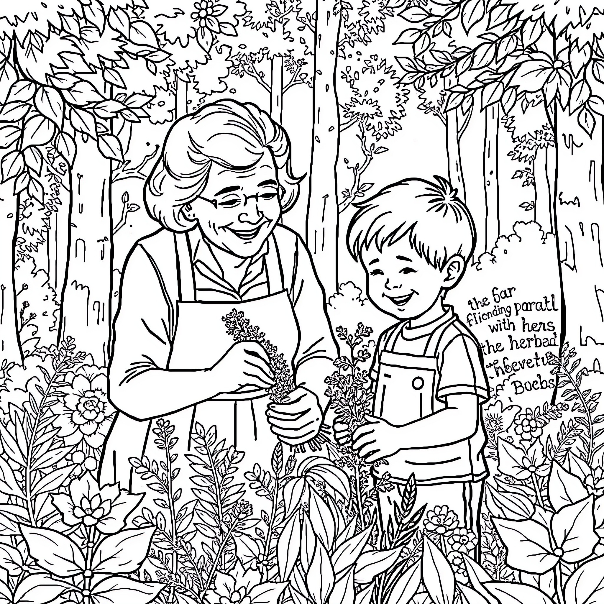Grandma gardening with her grandchild in the backyard Coloring Page (free black-and-white line drawing printable PDF for all, from beginners to advanced learners, including children, teens, adults, and seniors)