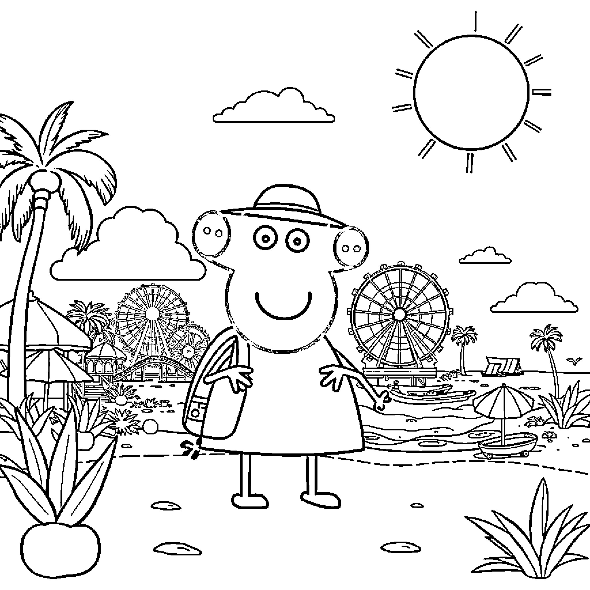 Peppa Pig enjoys a fun day at the carnival Coloring Page (free black-and-white line drawing printable PDF for all, from beginners to advanced learners, including children, teens, adults, and seniors)
