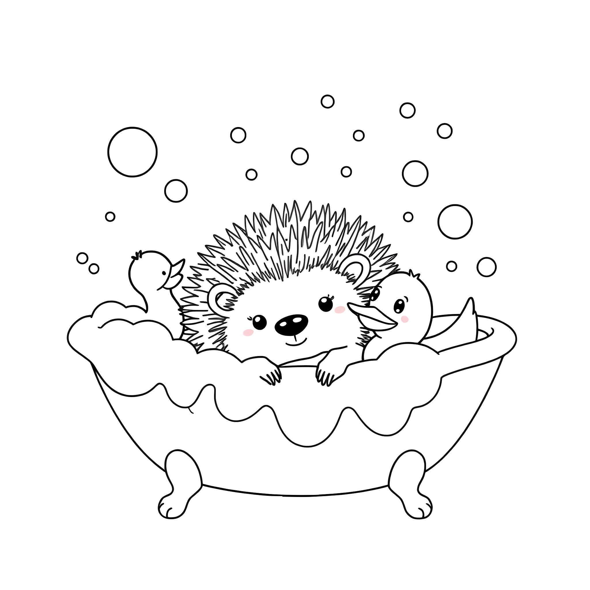 Hedgehog taking a relaxing bath with bubbles Coloring Page (free black-and-white line drawing printable PDF for all, from beginners to advanced learners, including children, teens, adults, and seniors)
