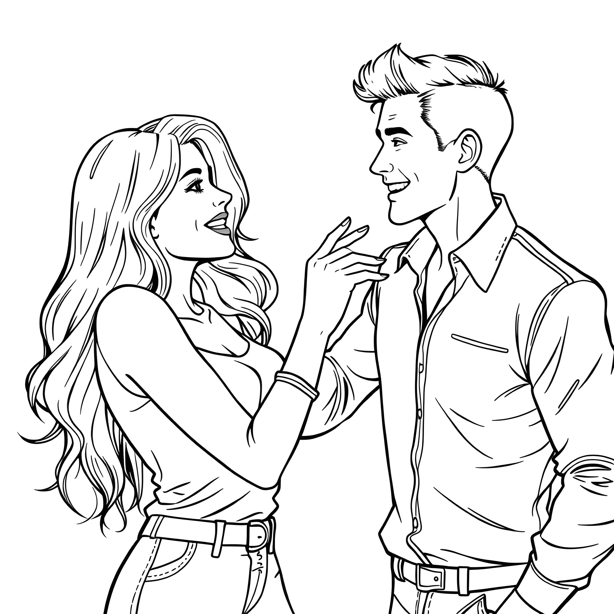 Woman in conversation with man Coloring Page (free black-and-white line drawing printable PDF for all, from beginners to advanced learners, including children, teens, adults, and seniors)