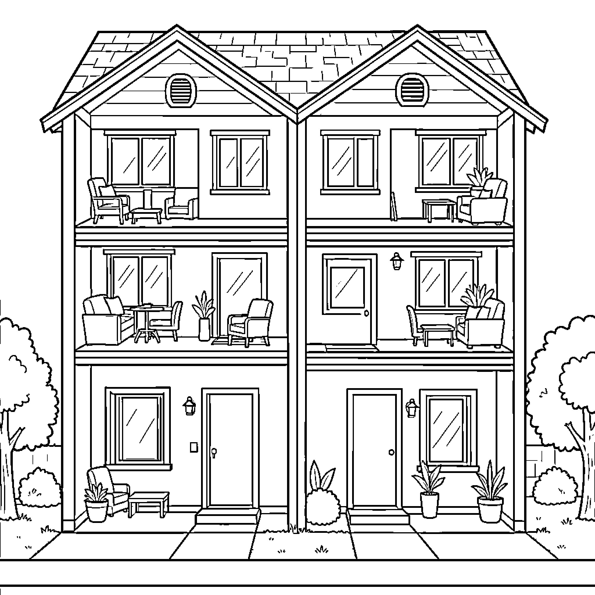 Duplex featuring cozy balconies and inviting entrances Coloring Page (free black-and-white line drawing printable PDF for all, from beginners to advanced learners, including children, teens, adults, and seniors)