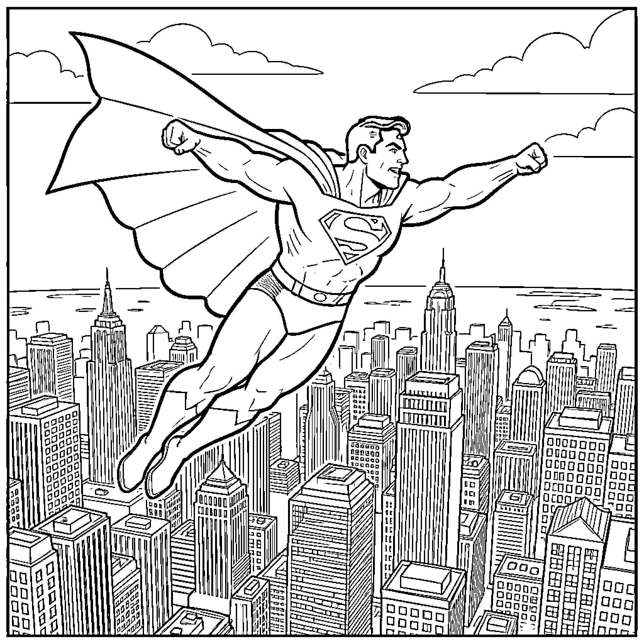 Superman soaring over the city skyline Coloring Page (free black-and-white line drawing printable PDF for all, from beginners to advanced learners, including children, teens, adults, and seniors)