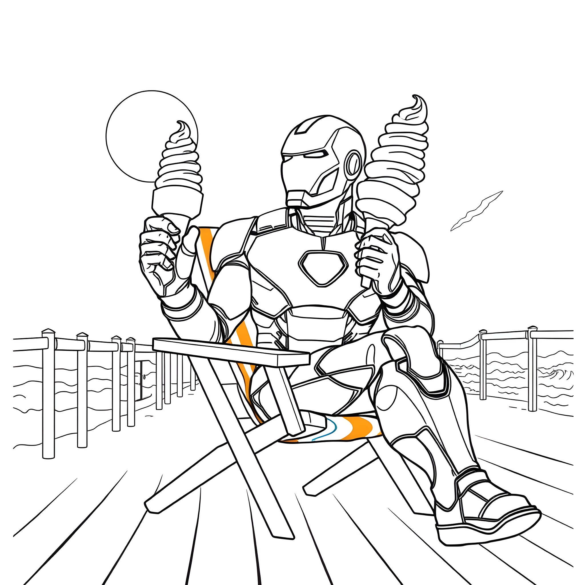 Iron Man relaxing on the beach in his armored suit Coloring Page (free black-and-white line drawing printable PDF for all, from beginners to advanced learners, including children, teens, adults, and seniors)