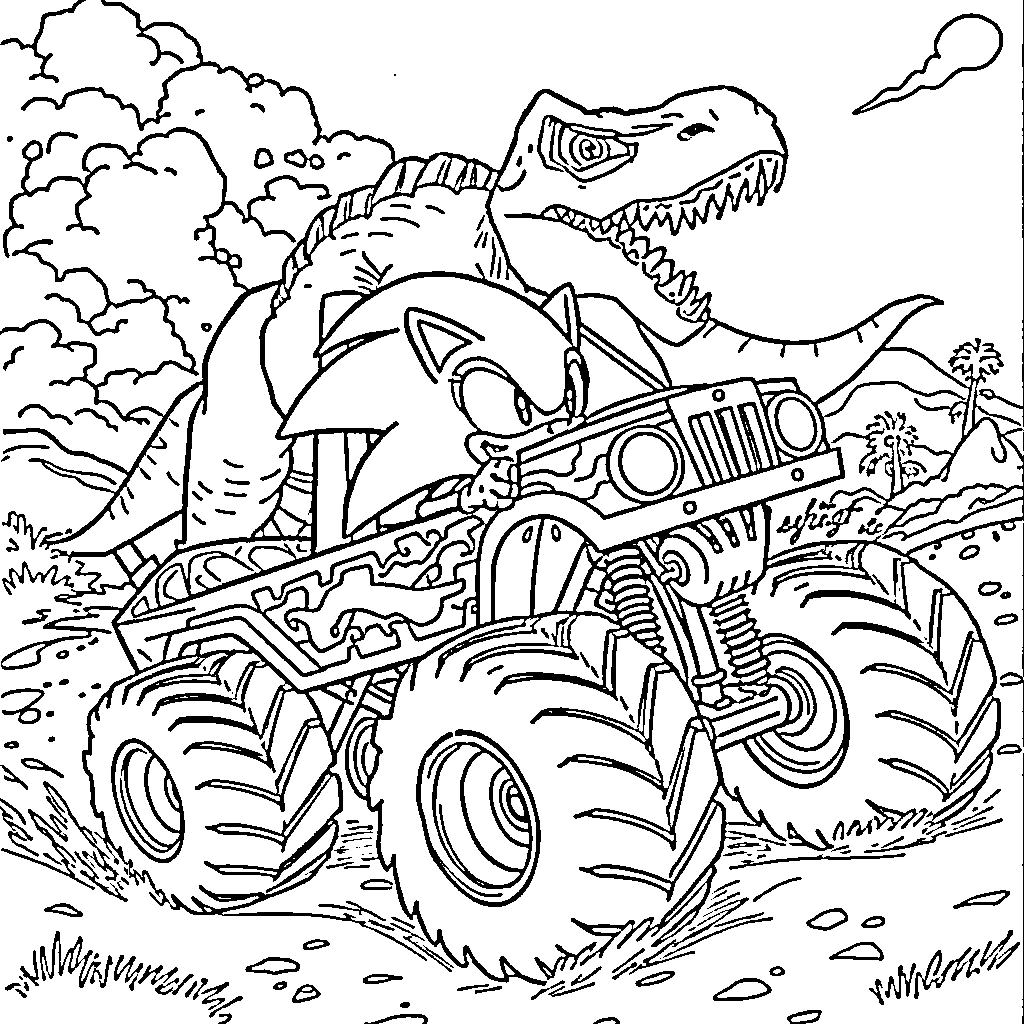 Sonic's Monster Truck Adventure Coloring Page (free black-and-white line drawing printable PDF for all, from beginners to advanced learners, including children, teens, adults, and seniors)