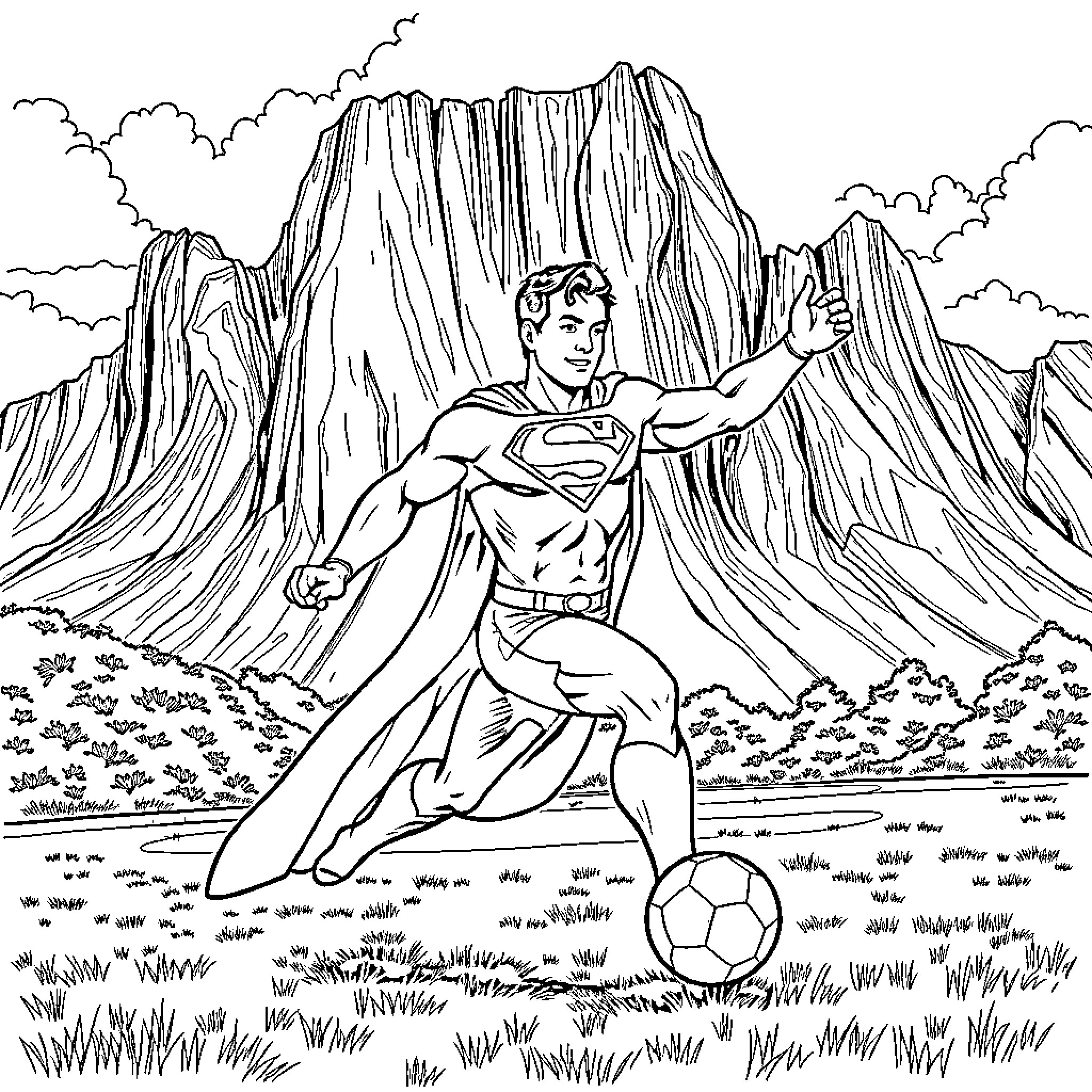 Superman heroically poses in a mountain landscape Coloring Page (free black-and-white line drawing printable PDF for all, from beginners to advanced learners, including children, teens, adults, and seniors)