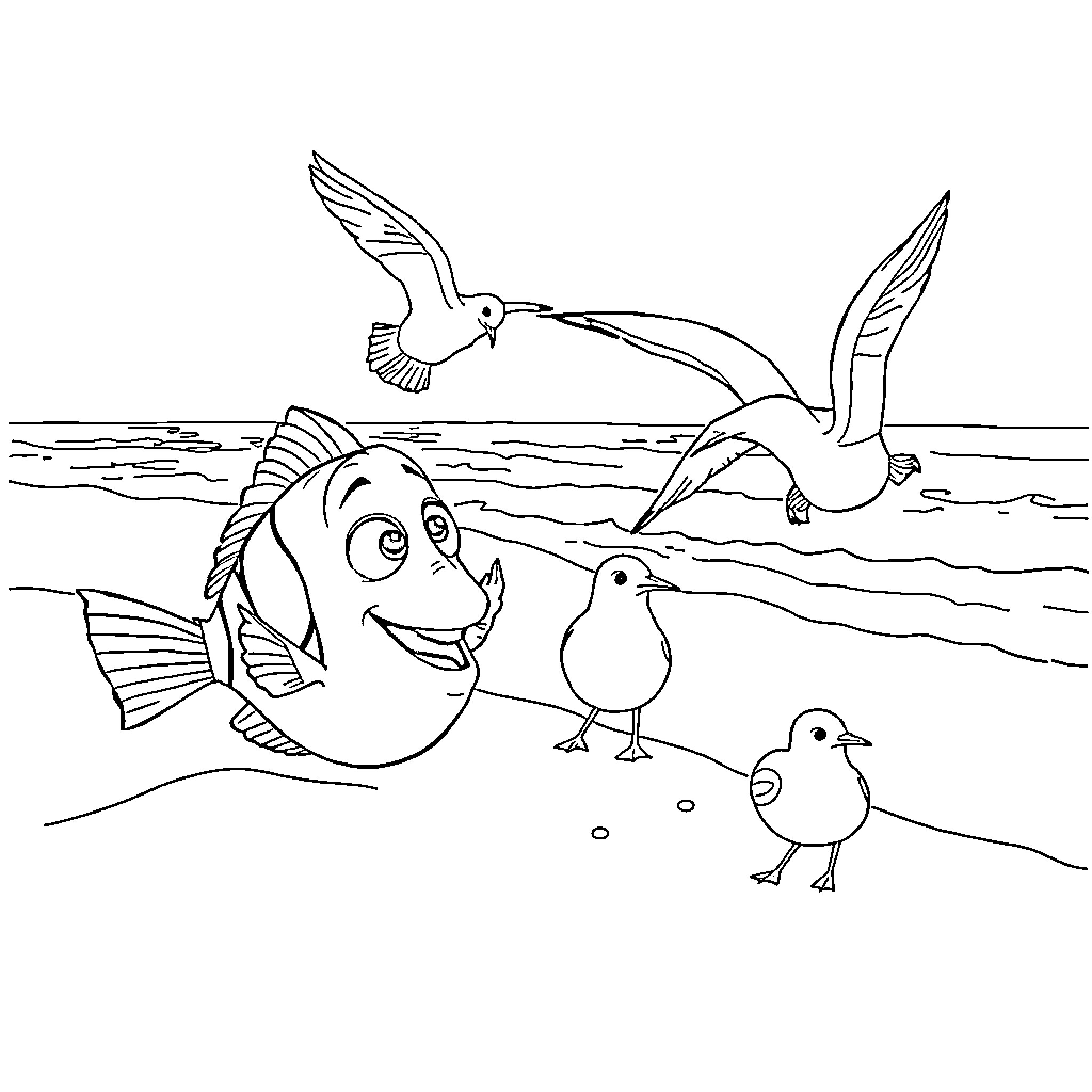 Nemo and friends enjoy the beach together Coloring Page (free black-and-white line drawing printable PDF for all, from beginners to advanced learners, including children, teens, adults, and seniors)