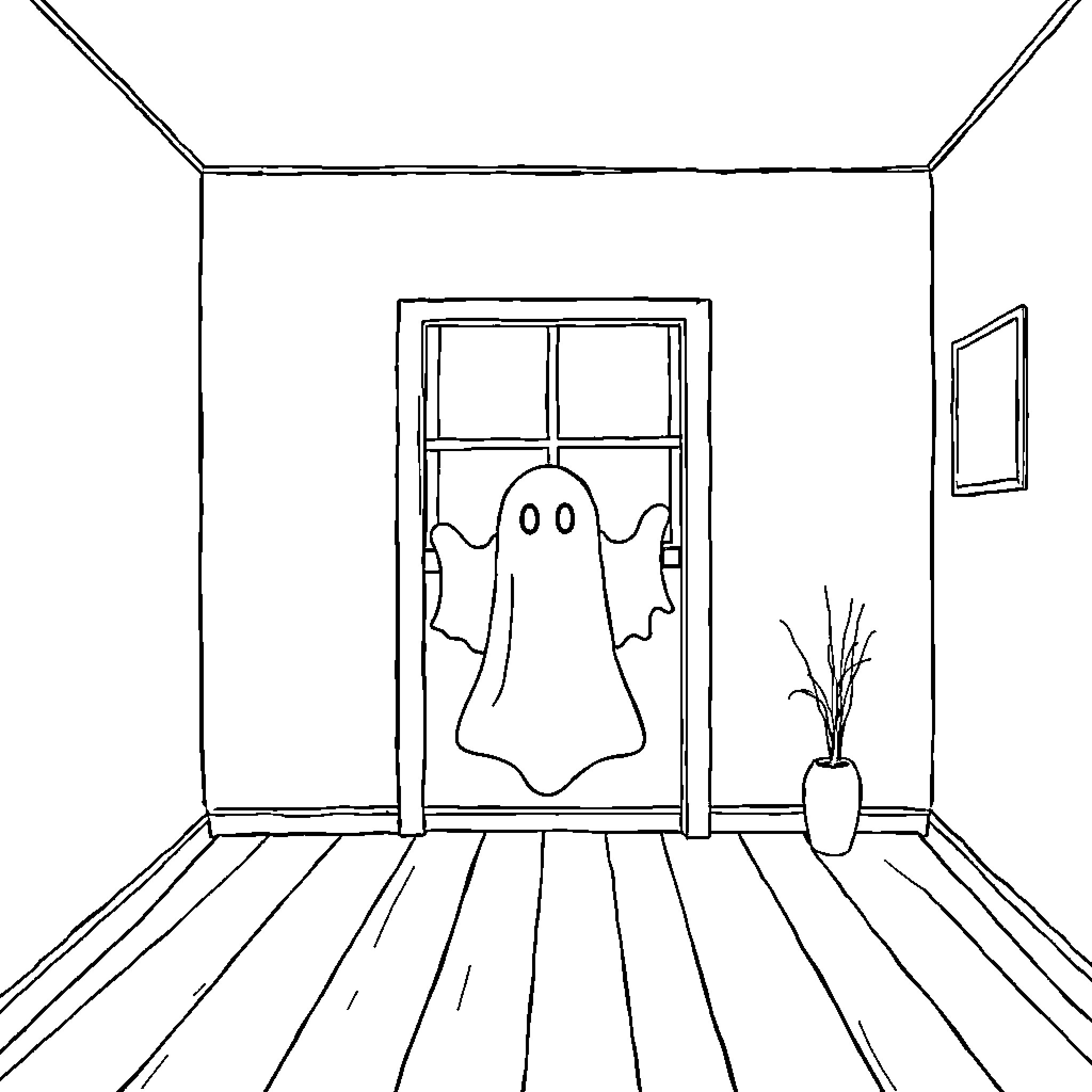 Ghost floating in a spooky room Coloring Page (free black-and-white line drawing printable PDF for all, from beginners to advanced learners, including children, teens, adults, and seniors)