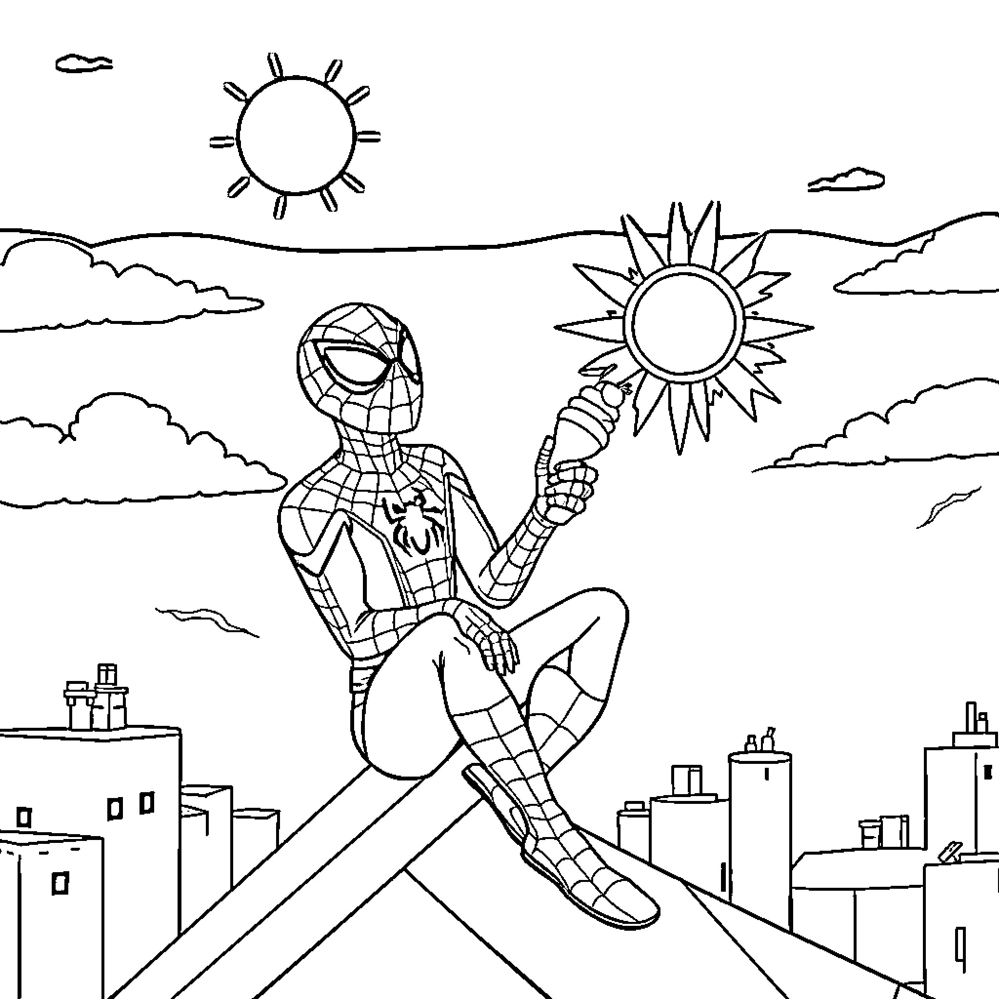 Spiderman swinging through the city skyline Coloring Page (free black-and-white line drawing printable PDF for all, from beginners to advanced learners, including children, teens, adults, and seniors)