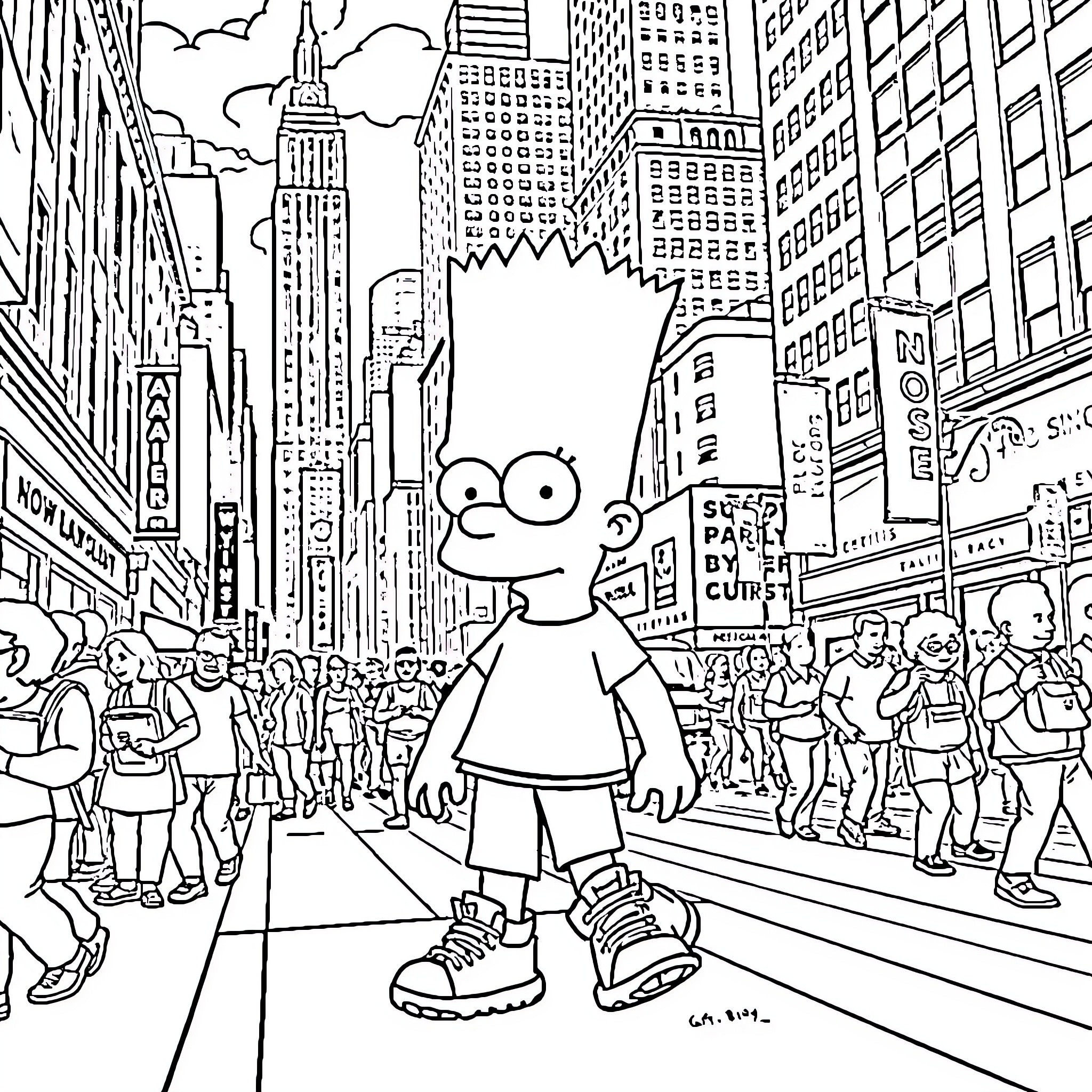 Bart Simpson explores the bustling city streets Coloring Page (free black-and-white line drawing printable PDF for all, from beginners to advanced learners, including children, teens, adults, and seniors)