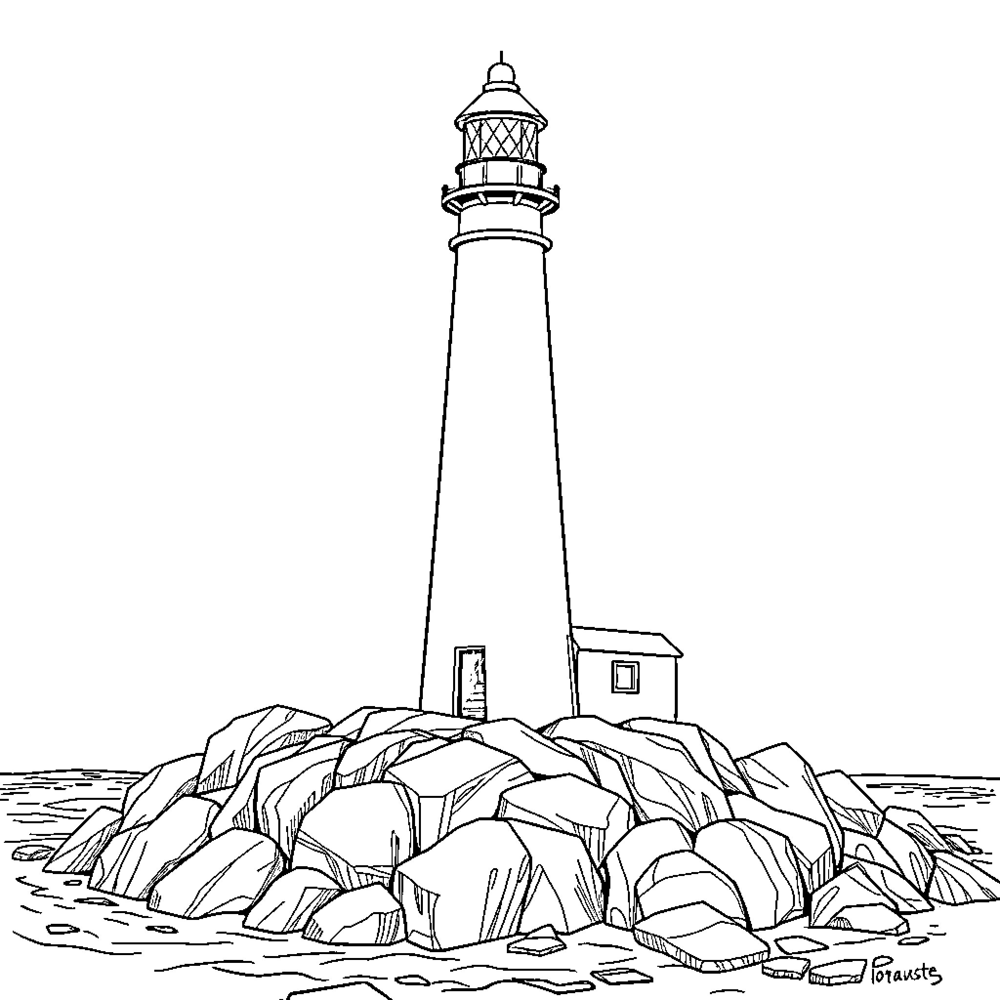 Lighthouse on rocky coastline Coloring Page (free black-and-white line drawing printable PDF for all, from beginners to advanced learners, including children, teens, adults, and seniors)