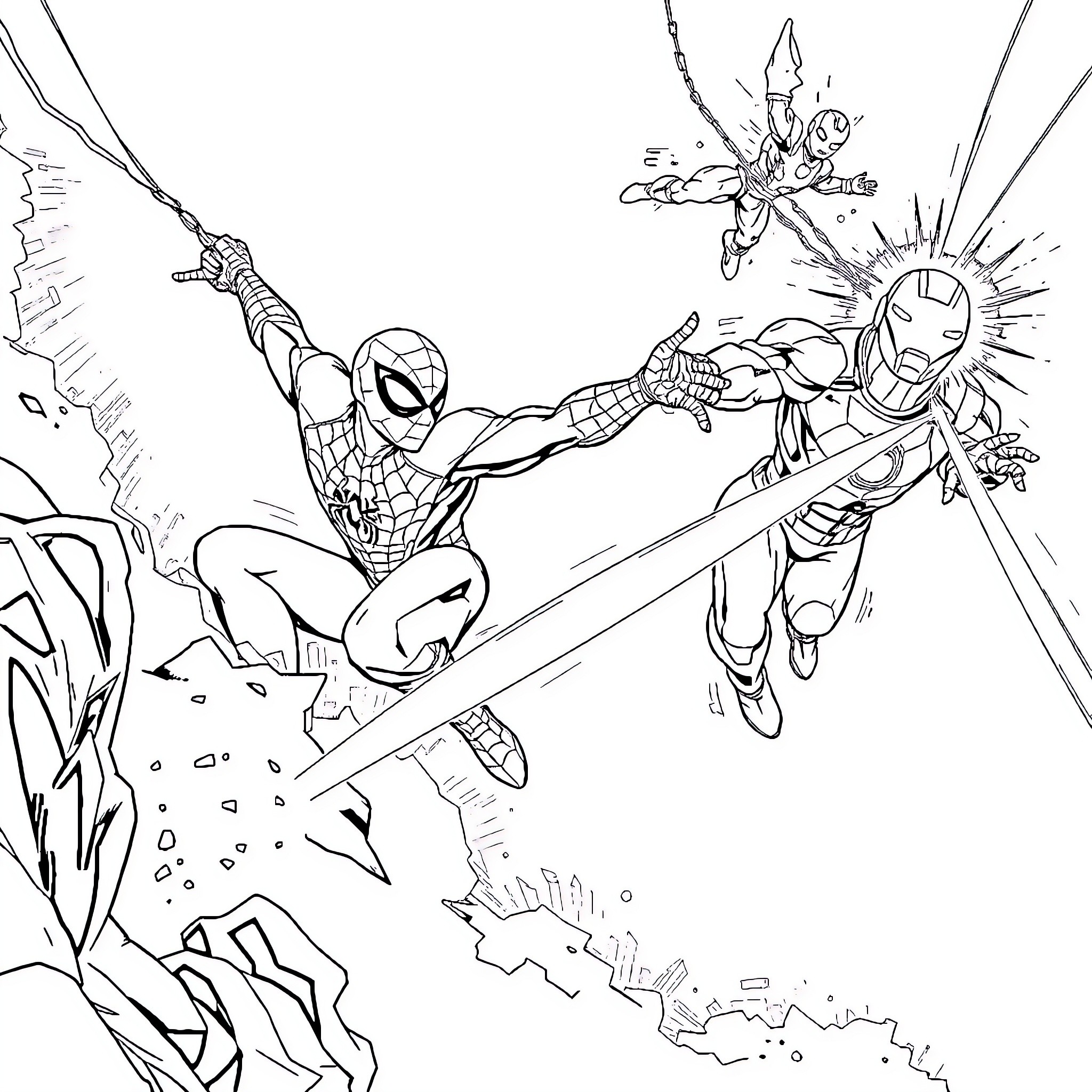 Spiderman battling against supervillains in action-packed scene Coloring Page (free black-and-white line drawing printable PDF for all, from beginners to advanced learners, including children, teens, adults, and seniors)