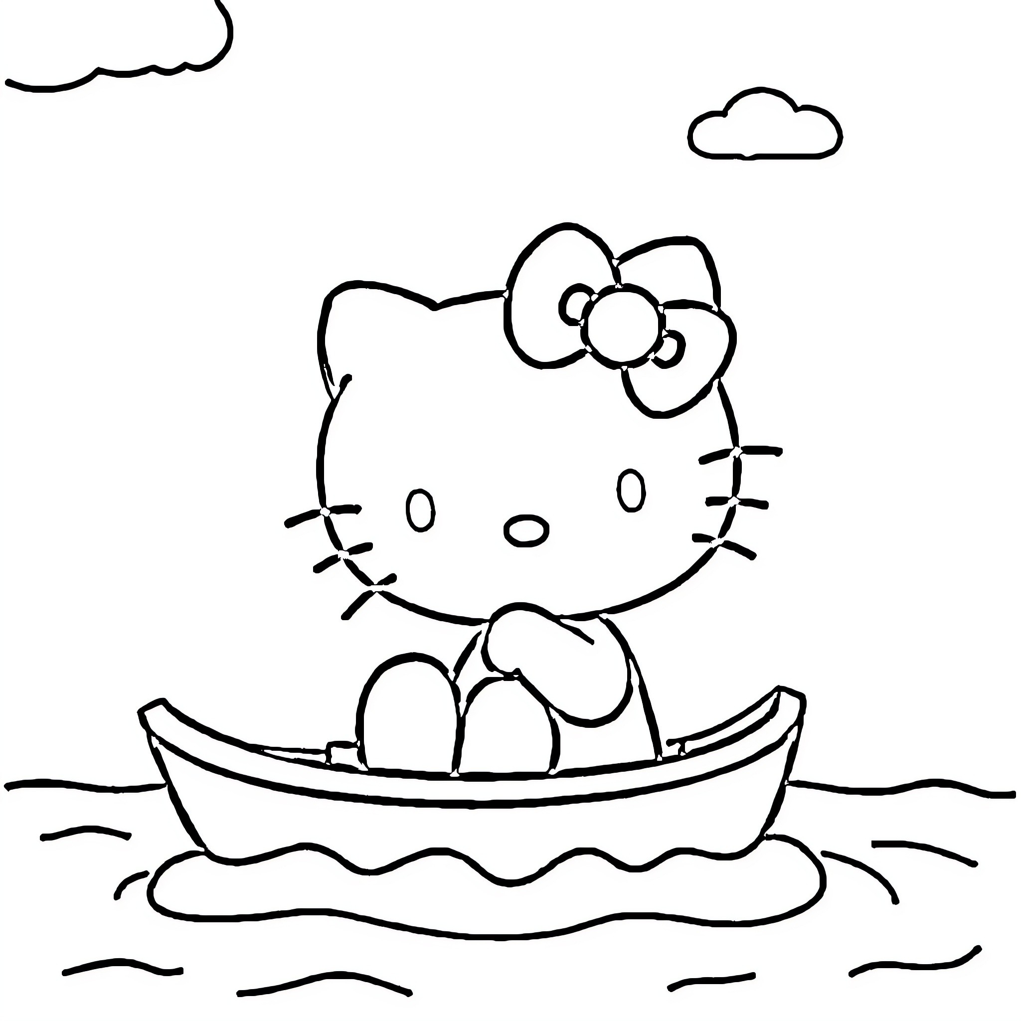 Hello Kitty sailing in a boat Coloring Page (free black-and-white line drawing printable PDF for all, from beginners to advanced learners, including children, teens, adults, and seniors)