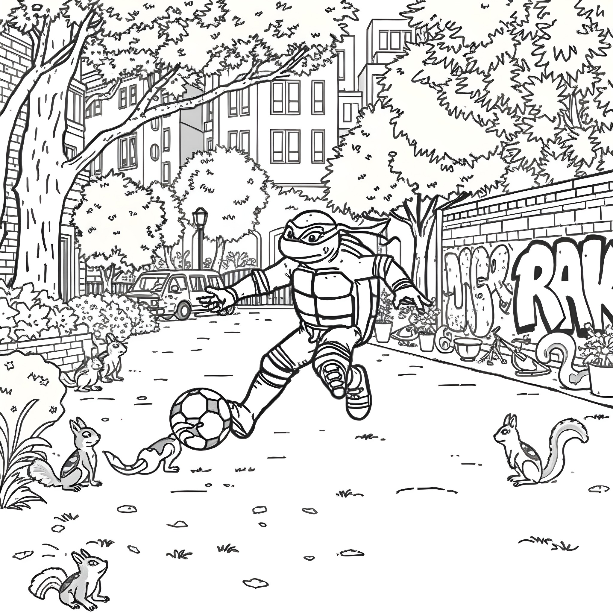 Ninja Turtle playing soccer in the city Coloring Page (free black-and-white line drawing printable PDF for all, from beginners to advanced learners, including children, teens, adults, and seniors)