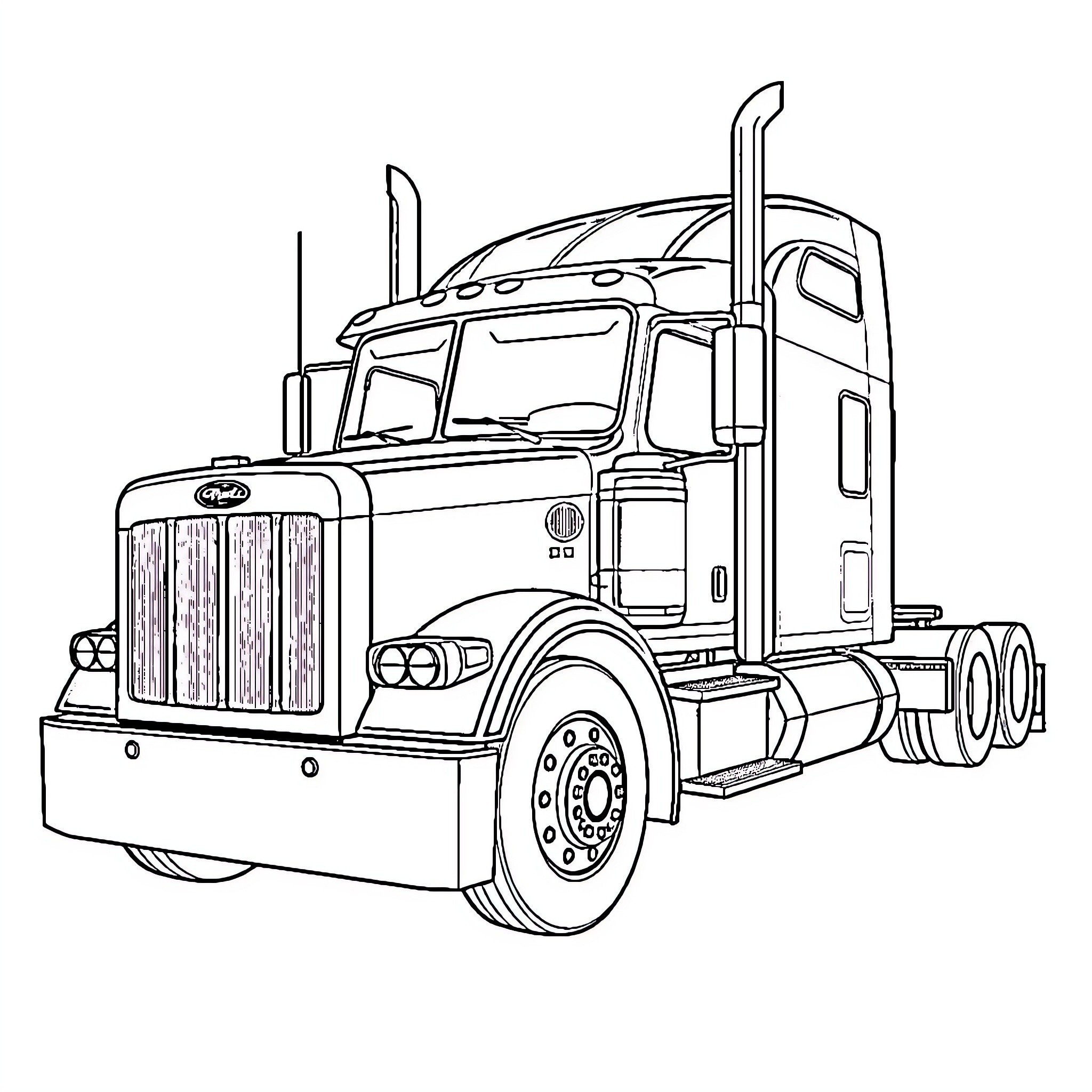 Peterbilt semi-truck in black and white illustration Coloring Page (free black-and-white line drawing printable PDF for all, from beginners to advanced learners, including children, teens, adults, and seniors)