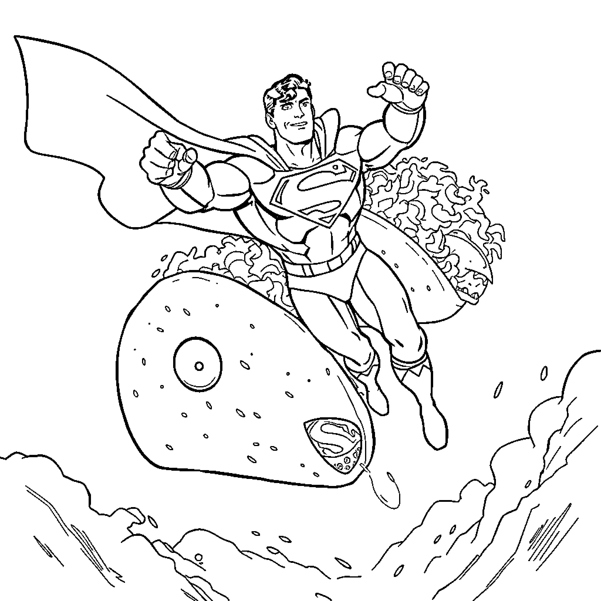 Superman soaring through the skies with mighty power Coloring Page (free black-and-white line drawing printable PDF for all, from beginners to advanced learners, including children, teens, adults, and seniors)