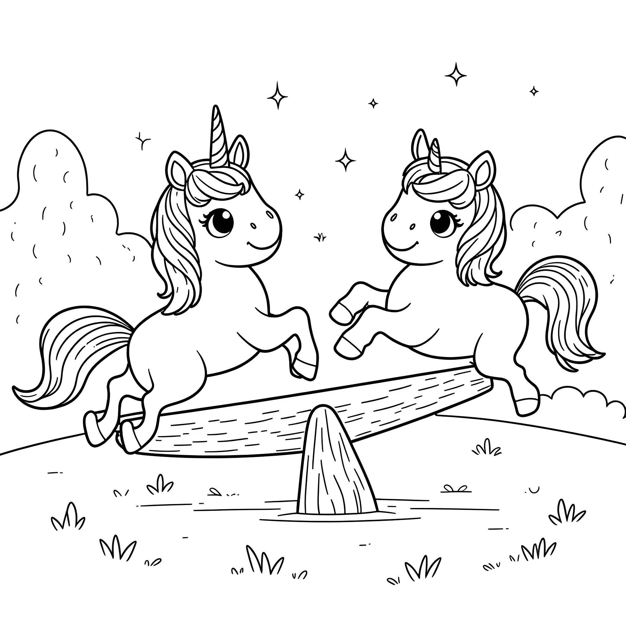 Unicorn friends playing on a seesaw Coloring Page (free black-and-white line drawing printable PDF for all, from beginners to advanced learners, including children, teens, adults, and seniors)