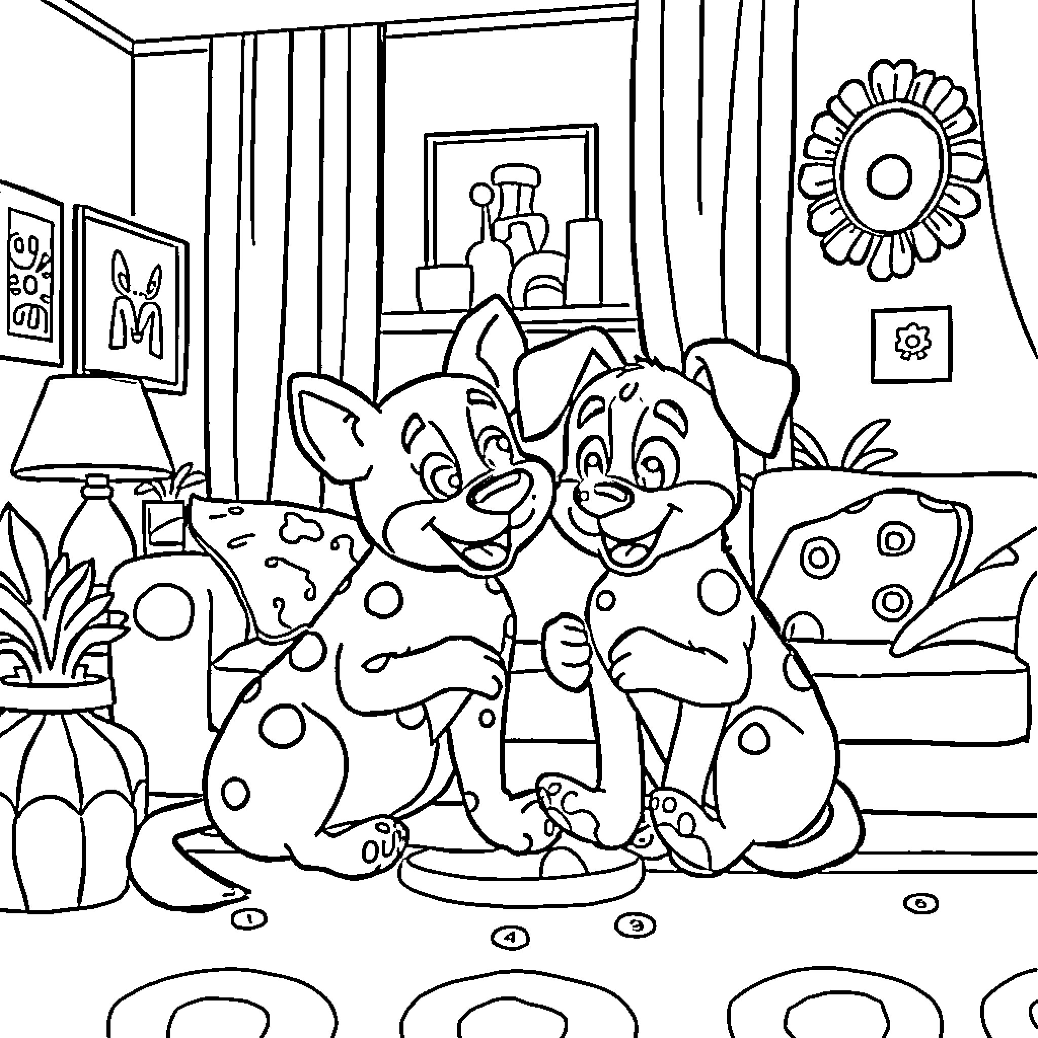 Bluey and Friends Enjoying a Cozy Indoor Scene Coloring Page (free black-and-white line drawing printable PDF for all, from beginners to advanced learners, including children, teens, adults, and seniors)