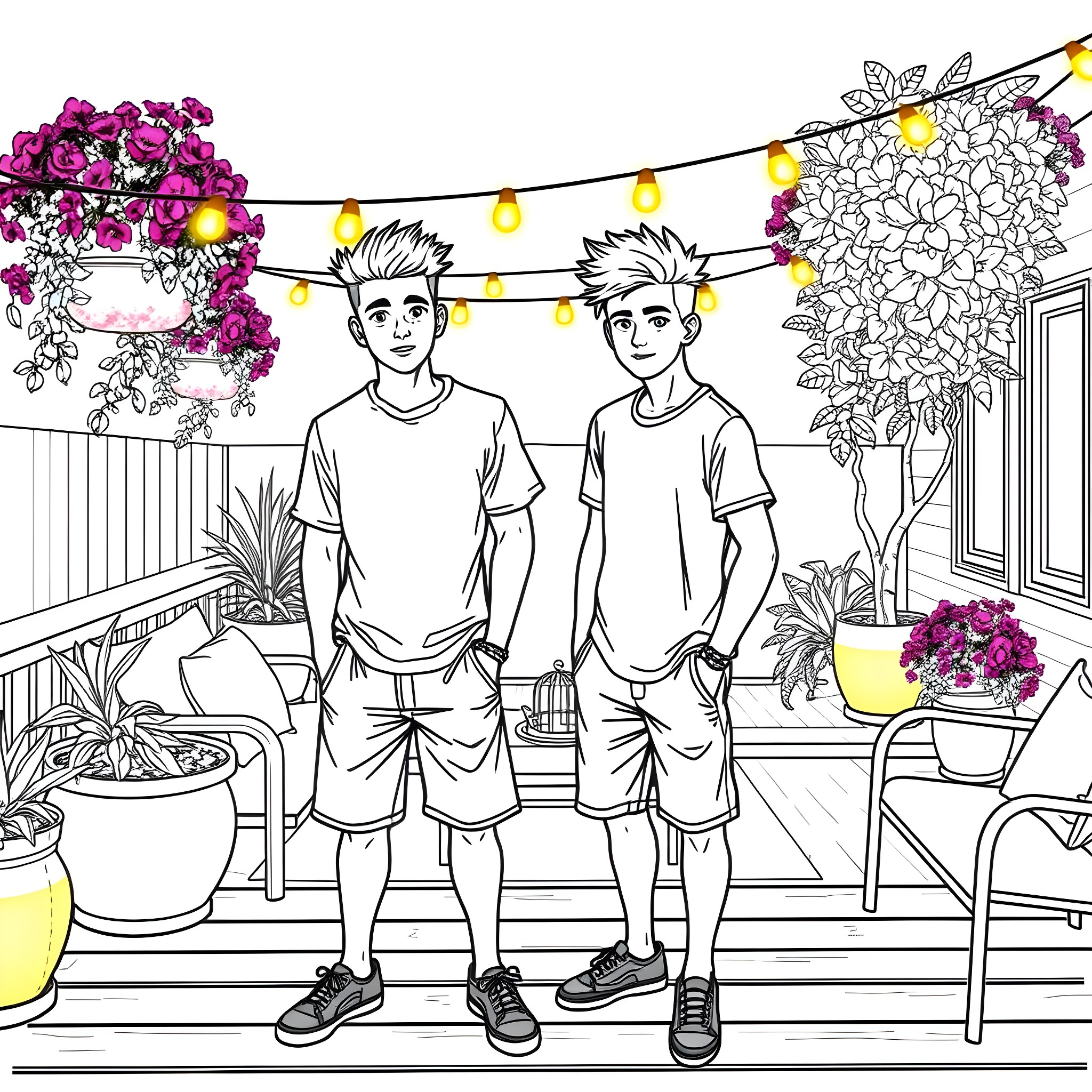 Teen Guys Enjoying a Cozy Outdoor Gathering Coloring Page (free black-and-white line drawing printable PDF for all, from beginners to advanced learners, including children, teens, adults, and seniors)