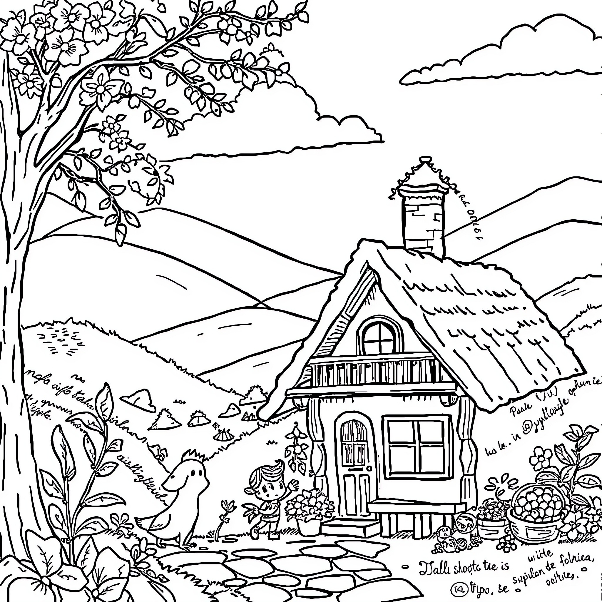Girl exploring an enchanting cottage in the countryside Coloring Page (free black-and-white line drawing printable PDF for all, from beginners to advanced learners, including children, teens, adults, and seniors)