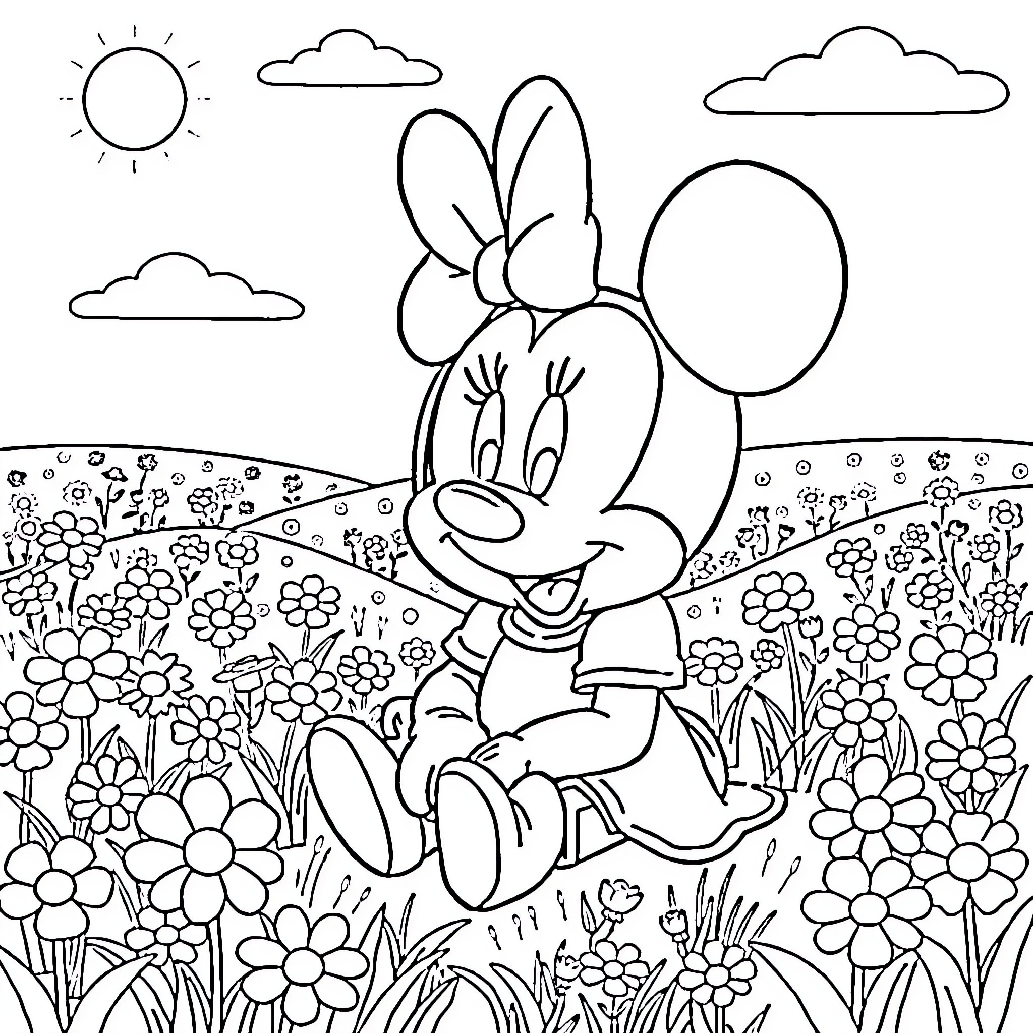 Minnie Mouse enjoying a sunny day in a floral field Coloring Page (free black-and-white line drawing printable PDF for all, from beginners to advanced learners, including children, teens, adults, and seniors)