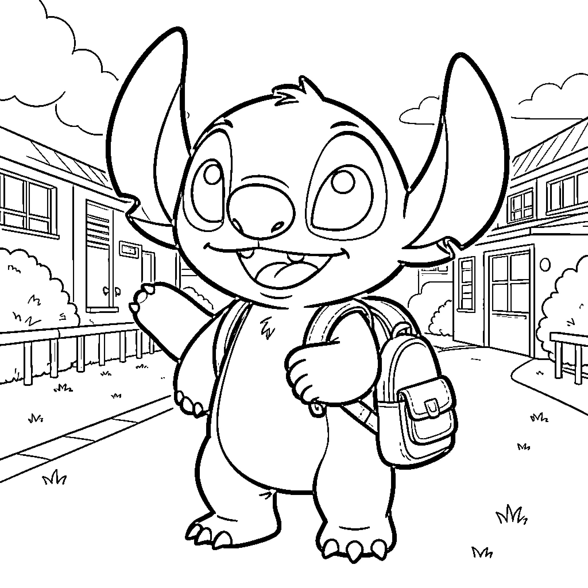 Stitch going to school with backpack Coloring Page (free black-and-white line drawing printable PDF for all, from beginners to advanced learners, including children, teens, adults, and seniors)