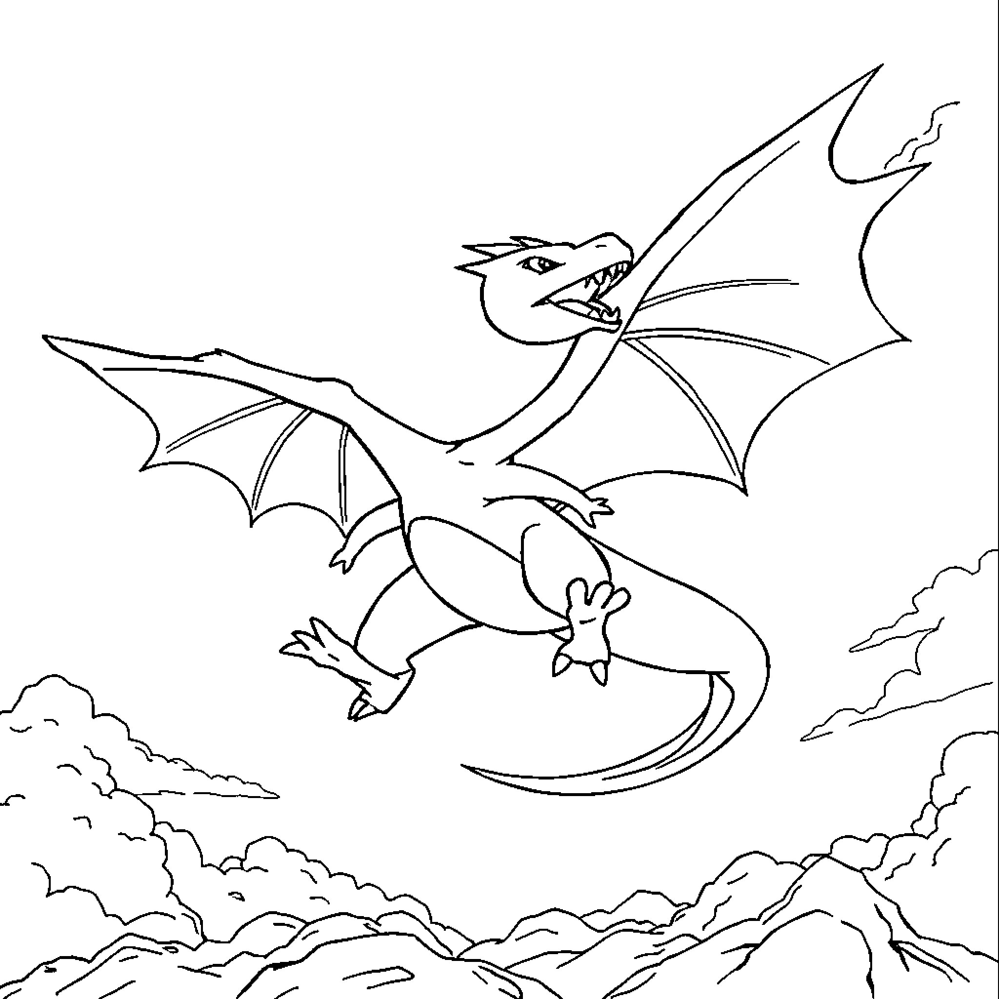 Charizard soaring through cloudy skies Coloring Page (free black-and-white line drawing printable PDF for all, from beginners to advanced learners, including children, teens, adults, and seniors)