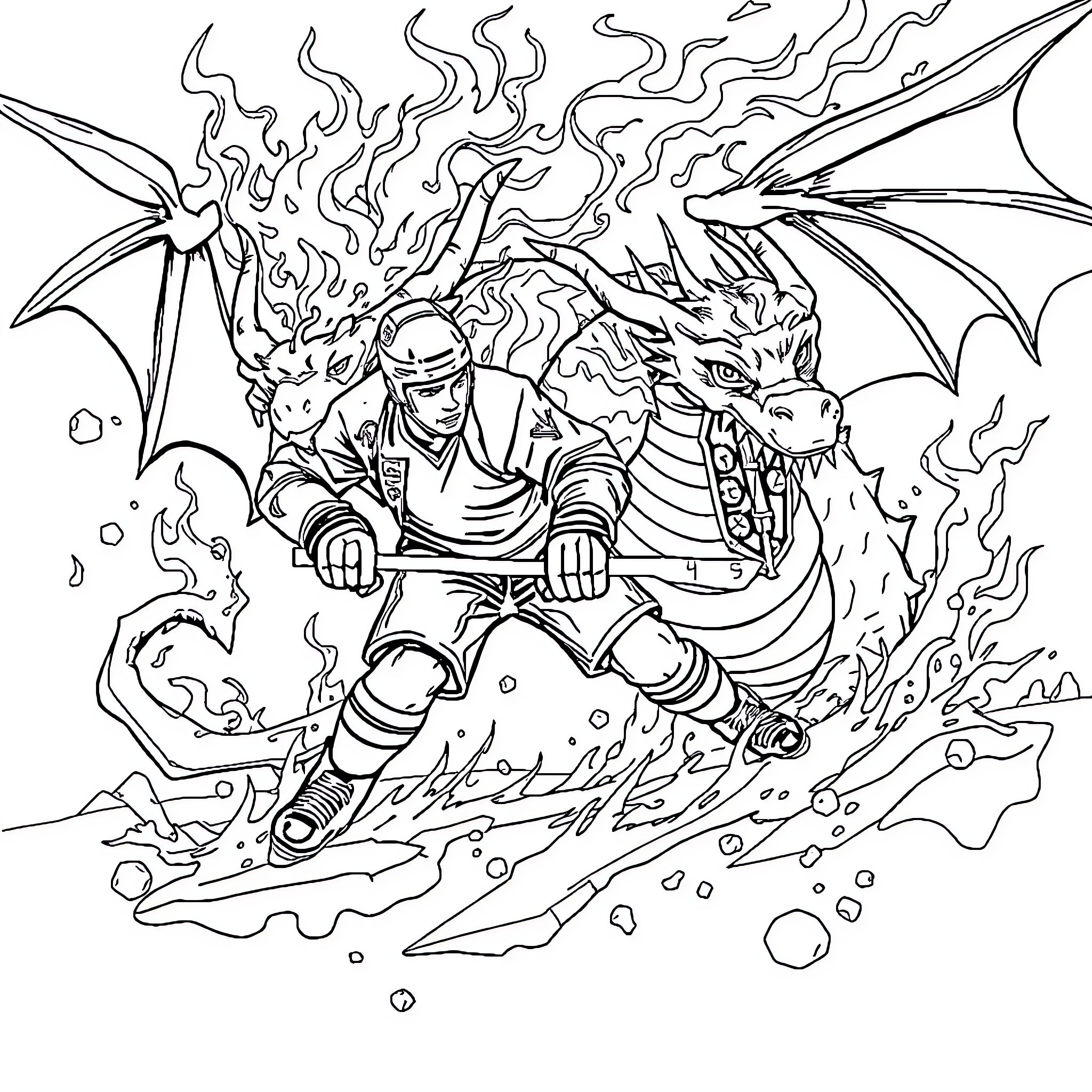 Hockey Player Battling Fire-Breathing Dragon on Ice Coloring Page (free black-and-white line drawing printable PDF for all, from beginners to advanced learners, including children, teens, adults, and seniors)