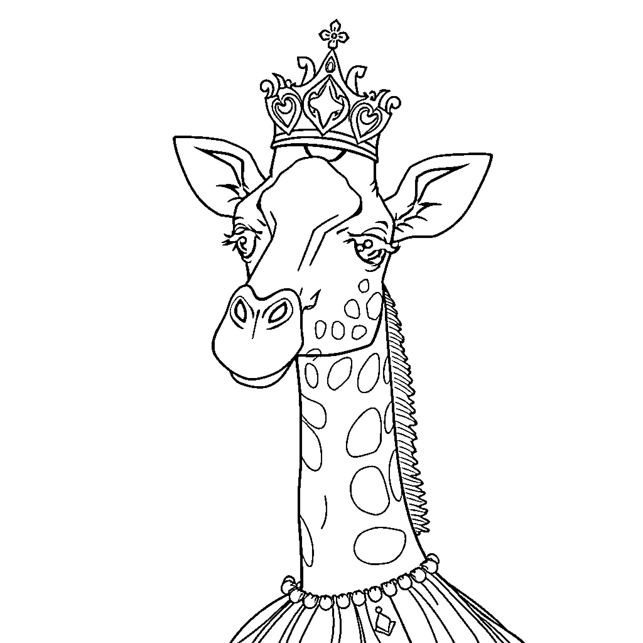 Giraffe wearing a crown and royal attire Coloring Page (free black-and-white line drawing printable PDF for all, from beginners to advanced learners, including children, teens, adults, and seniors)