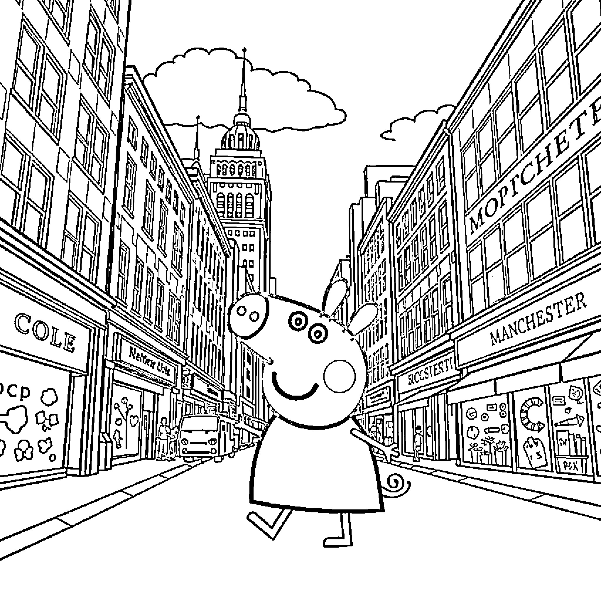 Peppa Pig exploring the bustling city streets Coloring Page (free black-and-white line drawing printable PDF for all, from beginners to advanced learners, including children, teens, adults, and seniors)