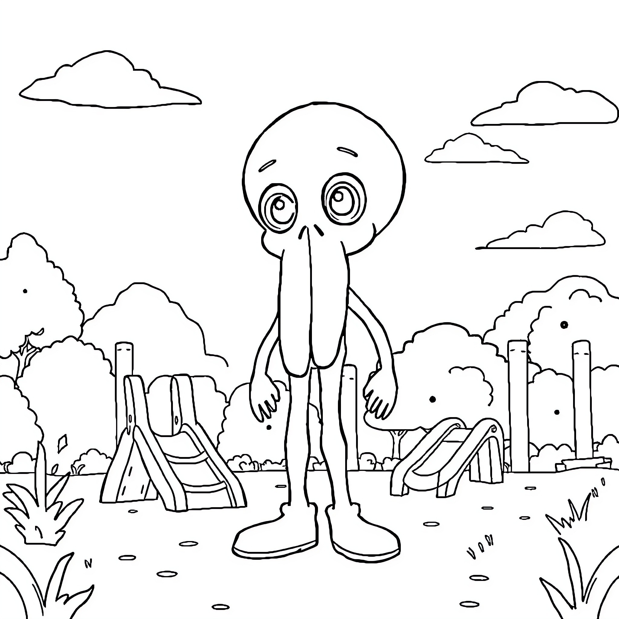 Doll with Curious Expression in Surreal Landscape Coloring Page (free black-and-white line drawing printable PDF for all, from beginners to advanced learners, including children, teens, adults, and seniors)