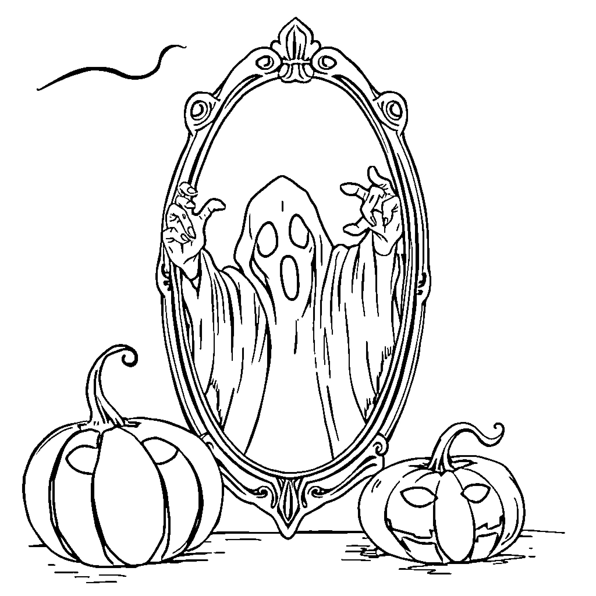 Ghost in an Ornate Mirror with Pumpkins Coloring Page (free black-and-white line drawing printable PDF for all, from beginners to advanced learners, including children, teens, adults, and seniors)
