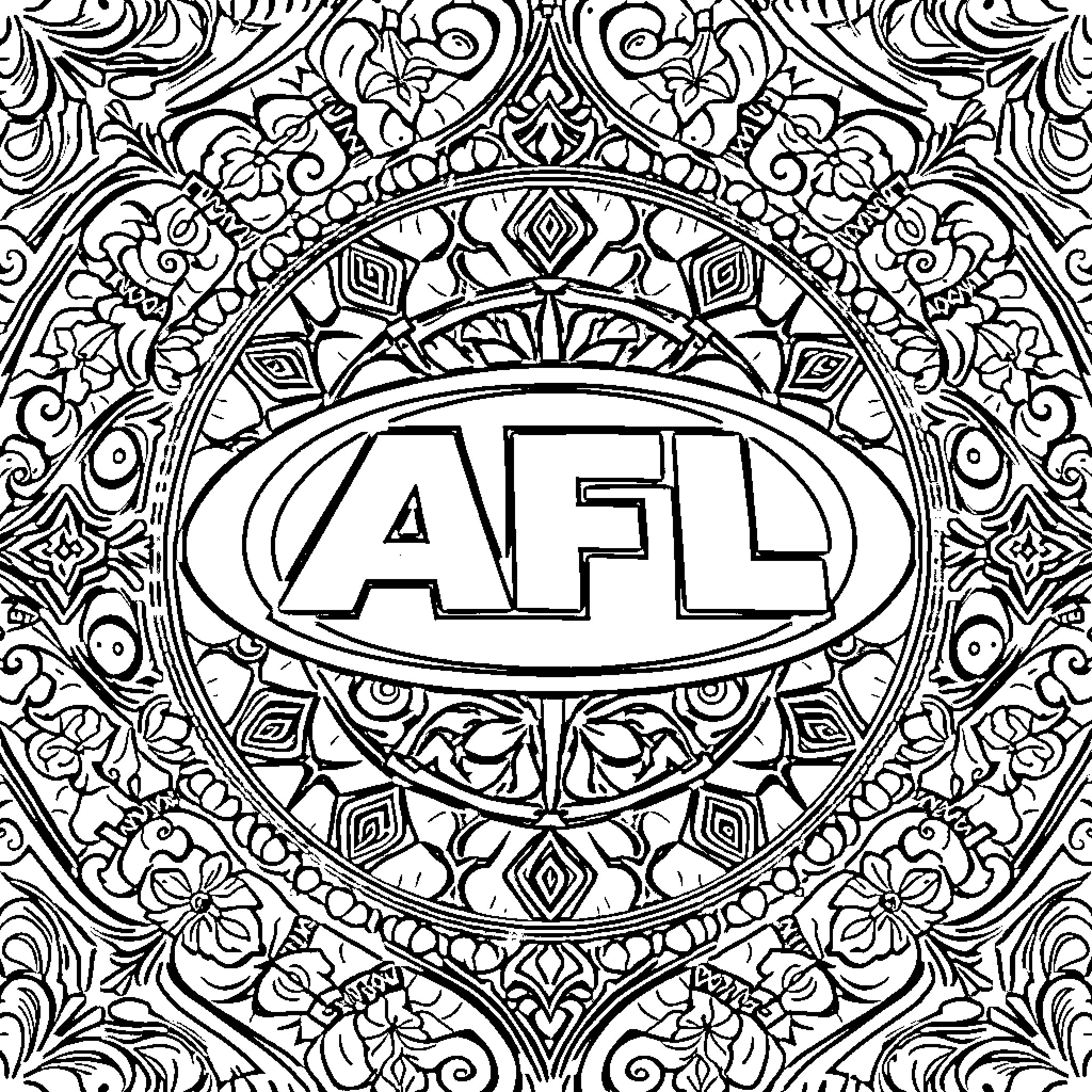 AFL Ornamental Mandala Design Coloring Page (free black-and-white line drawing printable PDF for all, from beginners to advanced learners, including children, teens, adults, and seniors)