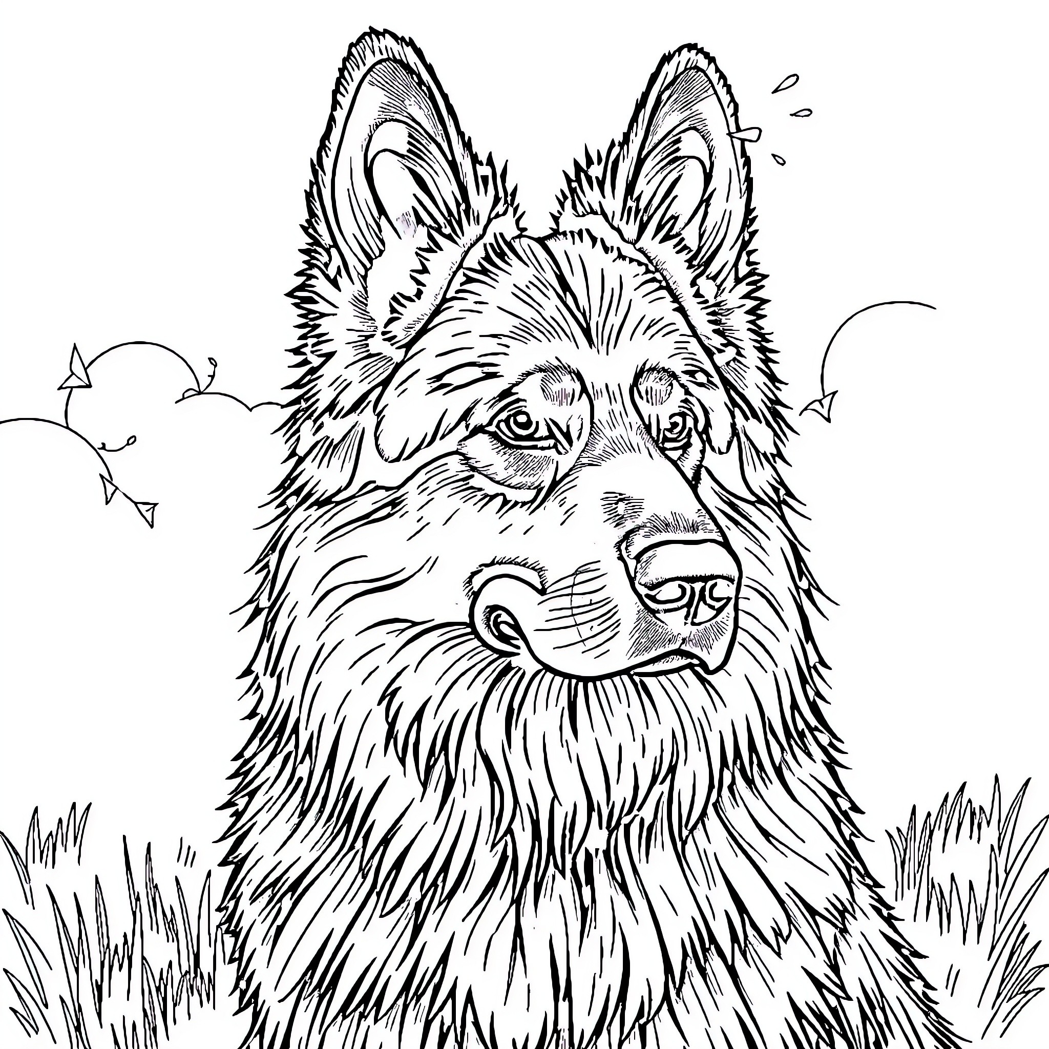 German Shepherd in a contemplative moment Coloring Page (free black-and-white line drawing printable PDF for all, from beginners to advanced learners, including children, teens, adults, and seniors)