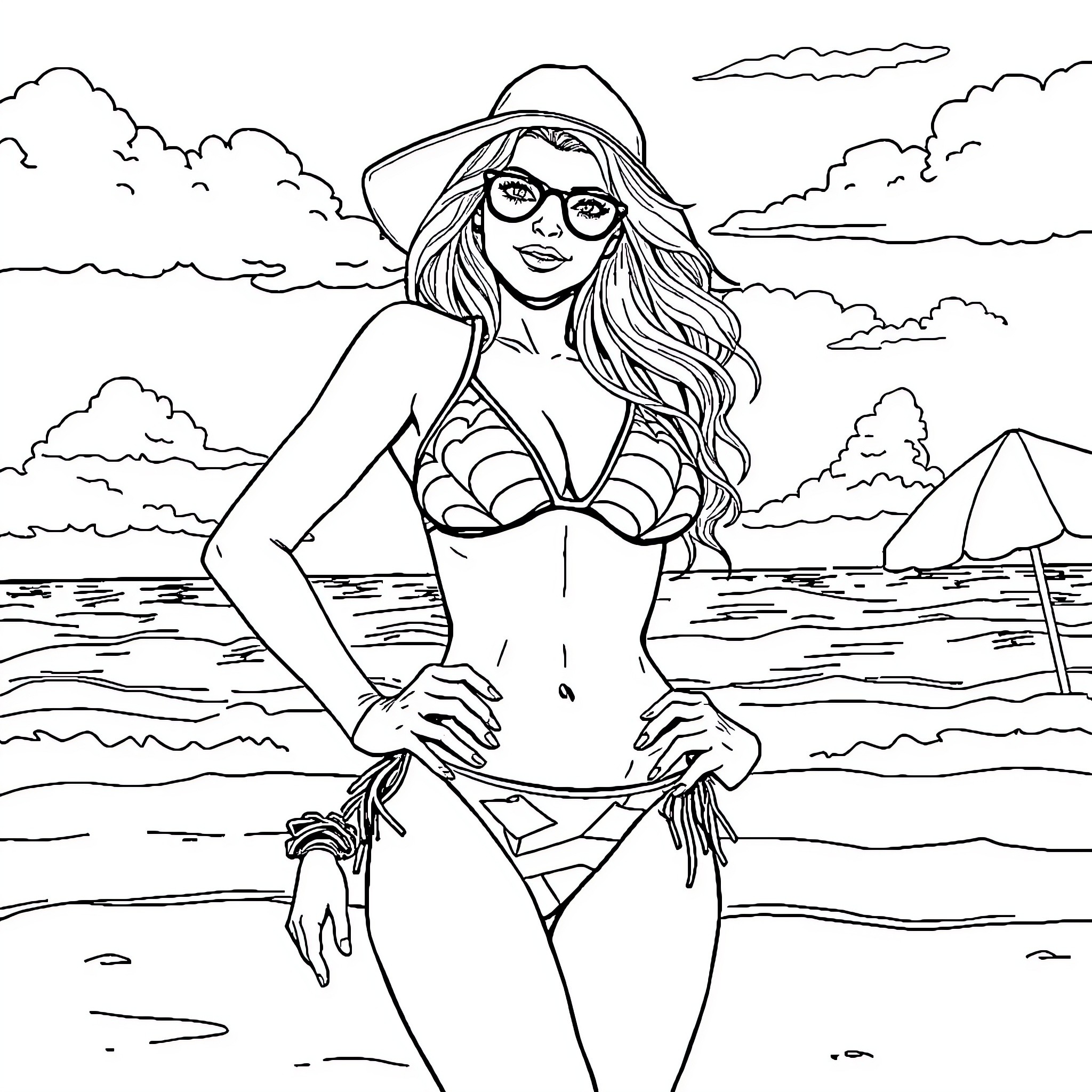 Kendra's Sunny Beach Adventure Coloring Page (free black-and-white line drawing printable PDF for all, from beginners to advanced learners, including children, teens, adults, and seniors)