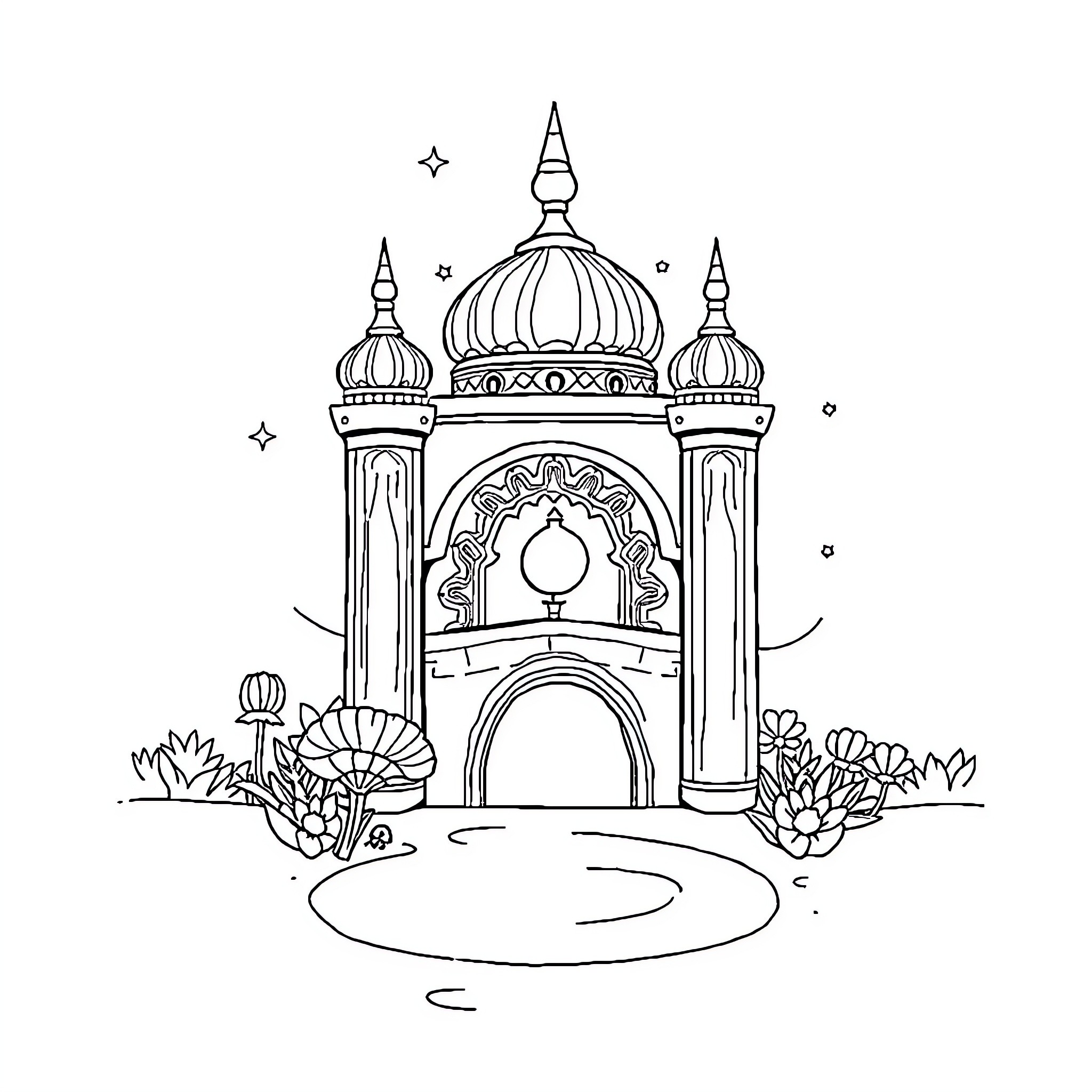 Man admiring intricate architectural structure in garden Coloring Page (free black-and-white line drawing printable PDF for all, from beginners to advanced learners, including children, teens, adults, and seniors)