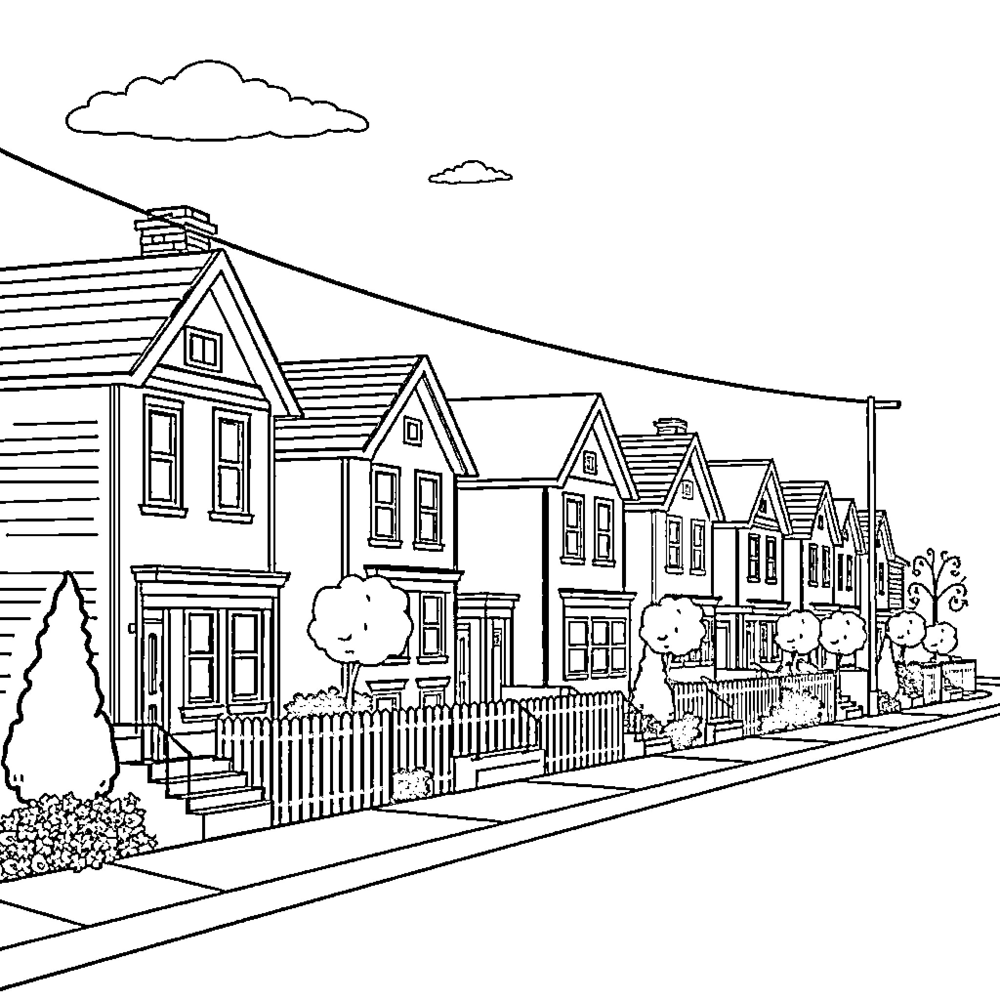House row of charming suburban neighborhood Coloring Page (free black-and-white line drawing printable PDF for all, from beginners to advanced learners, including children, teens, adults, and seniors)