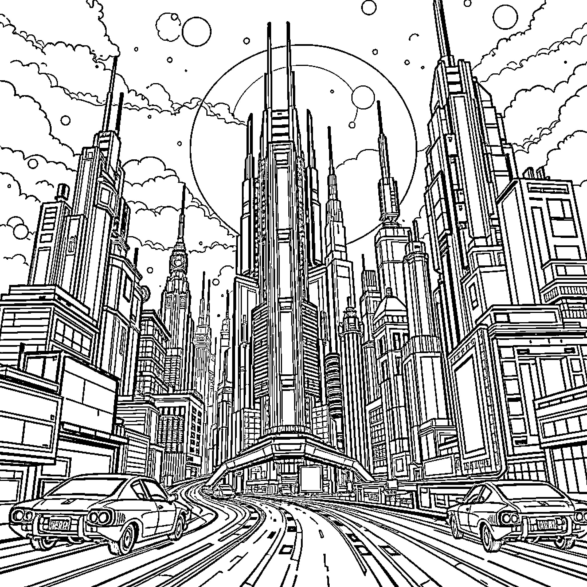 Futr Metropolis of Modern City Skyline Coloring Page (free black-and-white line drawing printable PDF for all, from beginners to advanced learners, including children, teens, adults, and seniors)