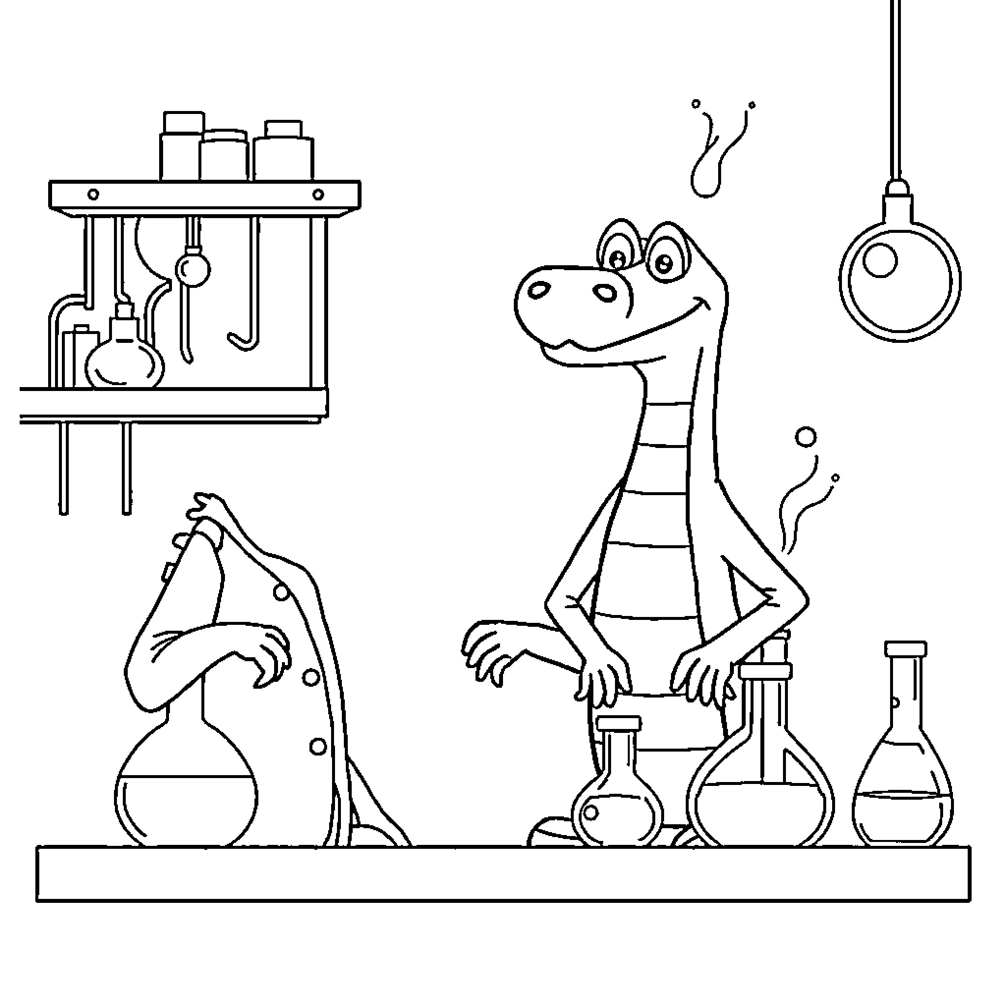 Dexter the Dinosaur's Fun Science Experiments Coloring Page (free black-and-white line drawing printable PDF for all, from beginners to advanced learners, including children, teens, adults, and seniors)