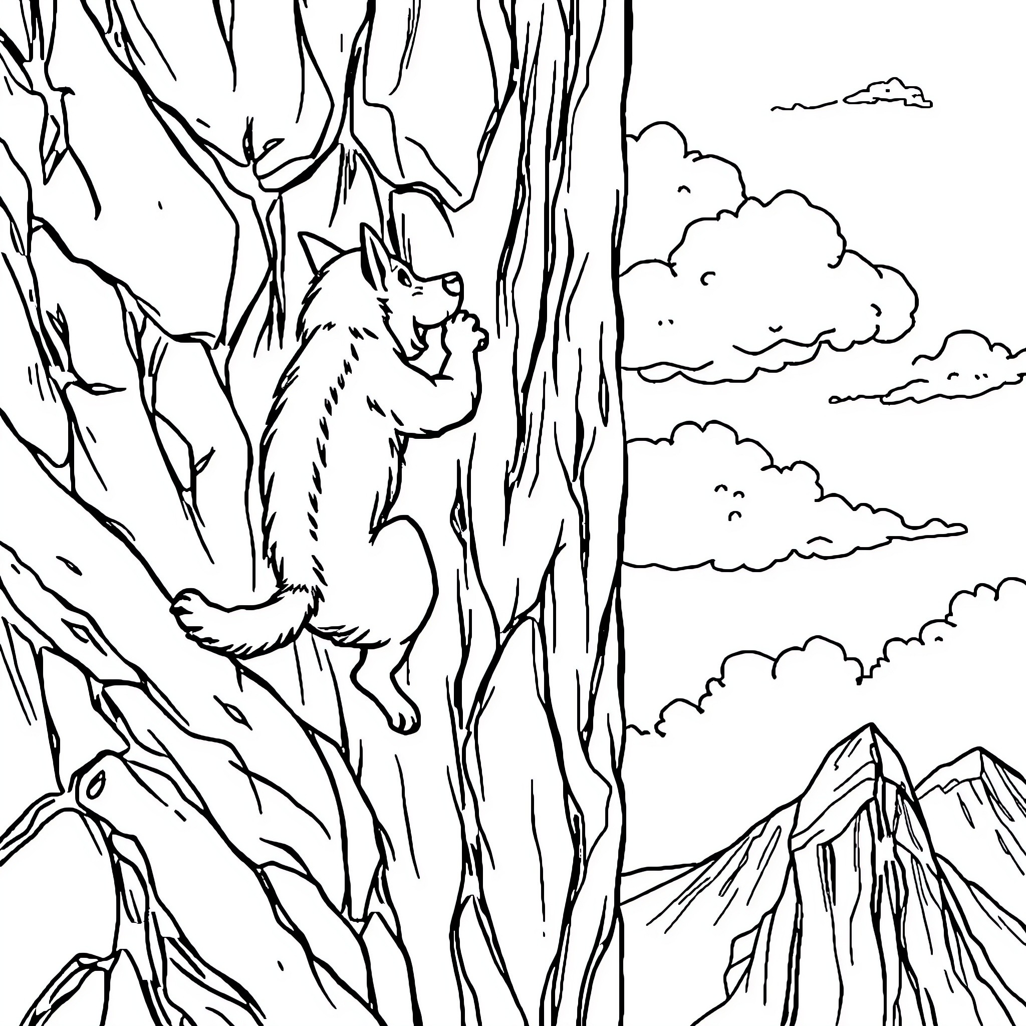Bluey exploring the mountainous forest landscape Coloring Page (free black-and-white line drawing printable PDF for all, from beginners to advanced learners, including children, teens, adults, and seniors)