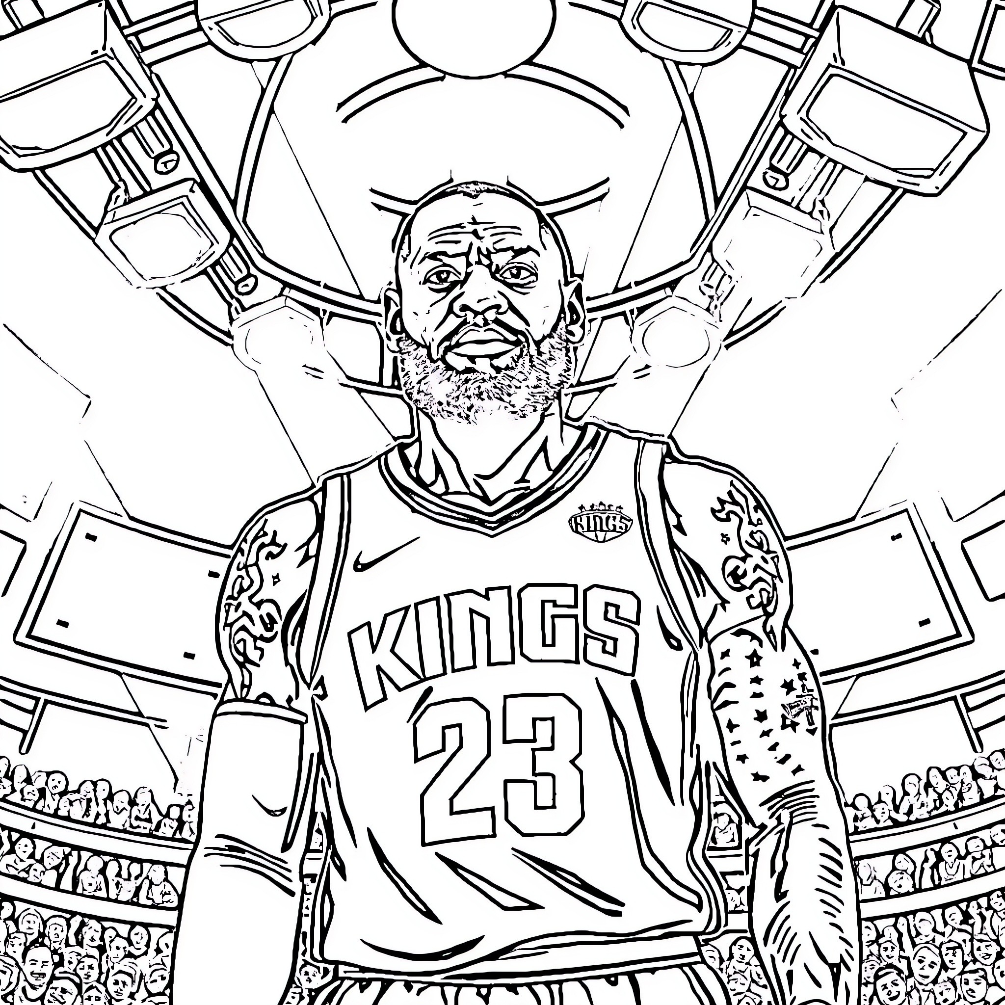 LeBron James in action on the basketball court Coloring Page (free black-and-white line drawing printable PDF for all, from beginners to advanced learners, including children, teens, adults, and seniors)
