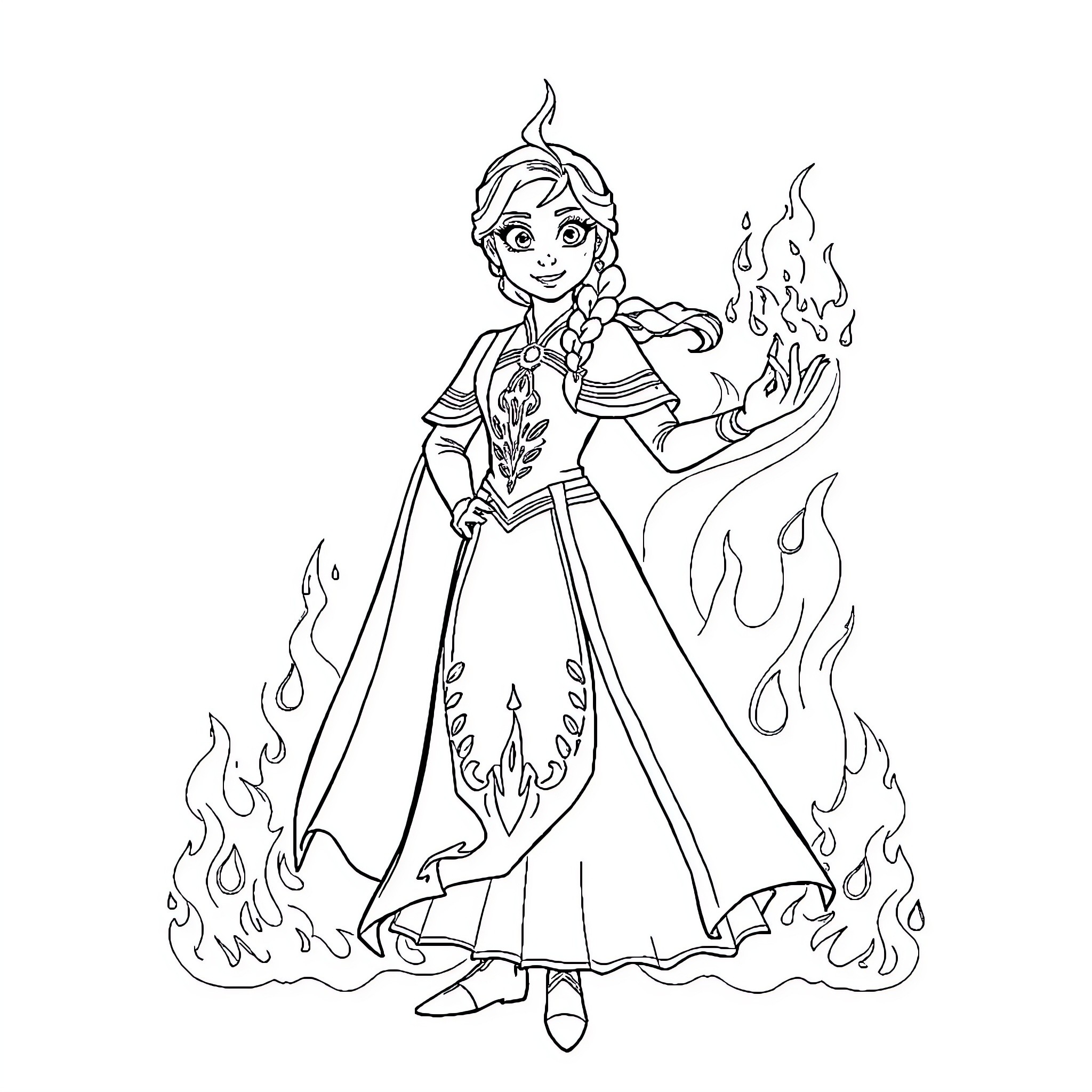 Princess Anna wielding fiery magical powers Coloring Page (free black-and-white line drawing printable PDF for all, from beginners to advanced learners, including children, teens, adults, and seniors)