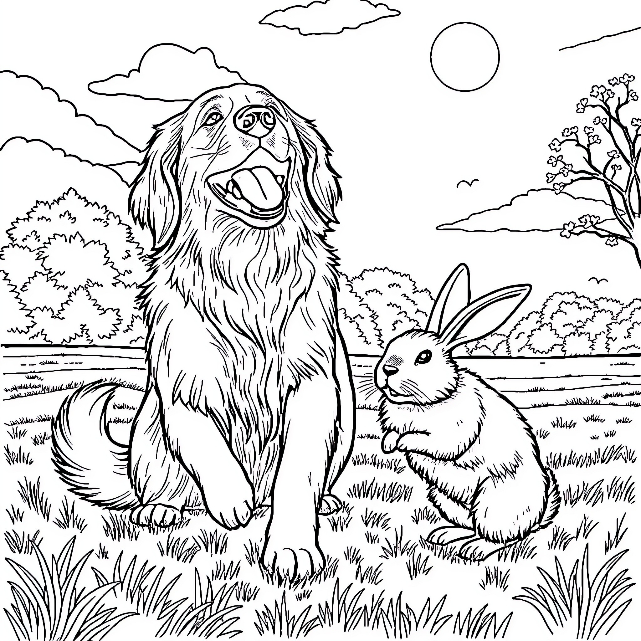 Golden Retriever enjoying nature with a rabbit Coloring Page (free black-and-white line drawing printable PDF for all, from beginners to advanced learners, including children, teens, adults, and seniors)