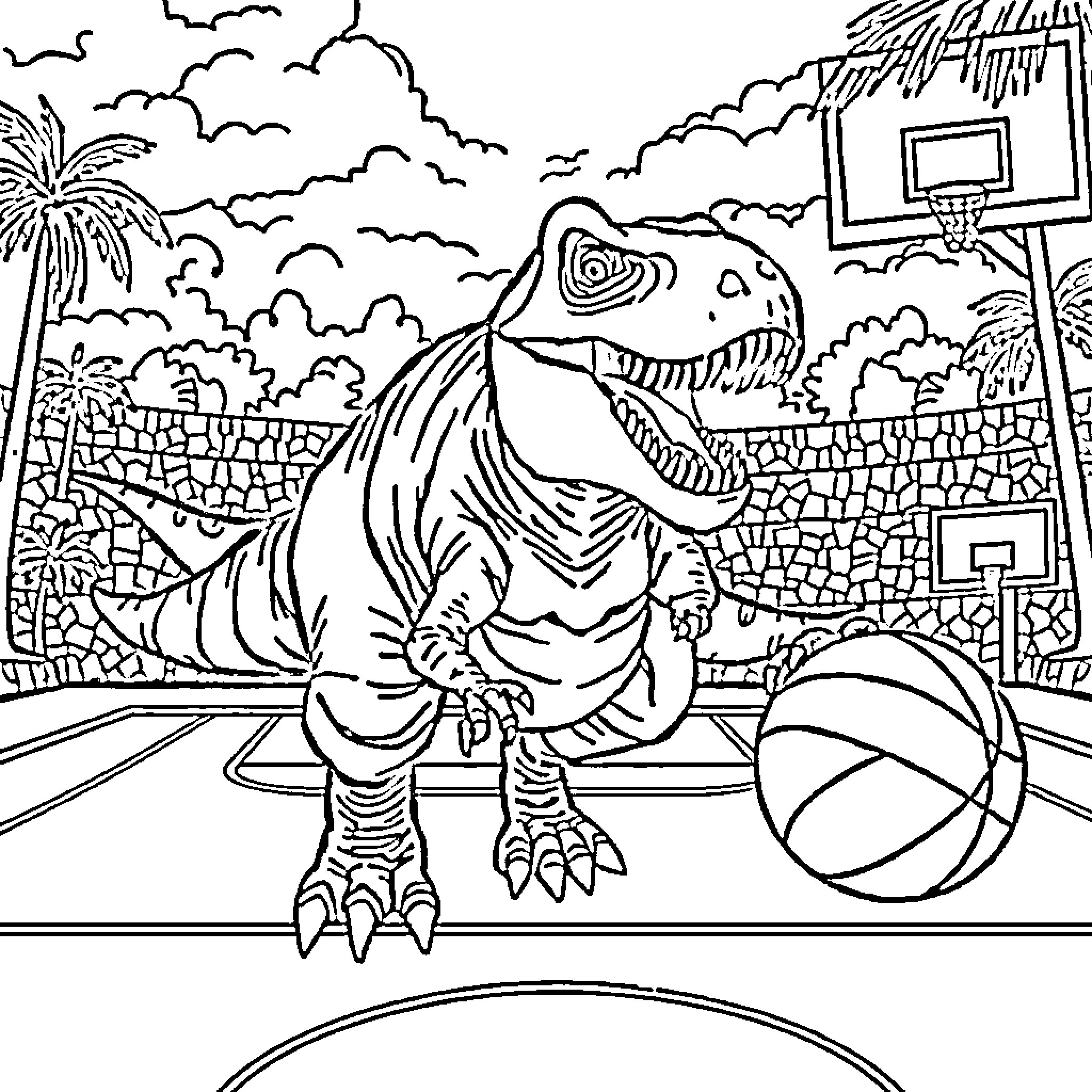 Tyrannosaurus Rex playing on the basketball court Coloring Page (free black-and-white line drawing printable PDF for all, from beginners to advanced learners, including children, teens, adults, and seniors)