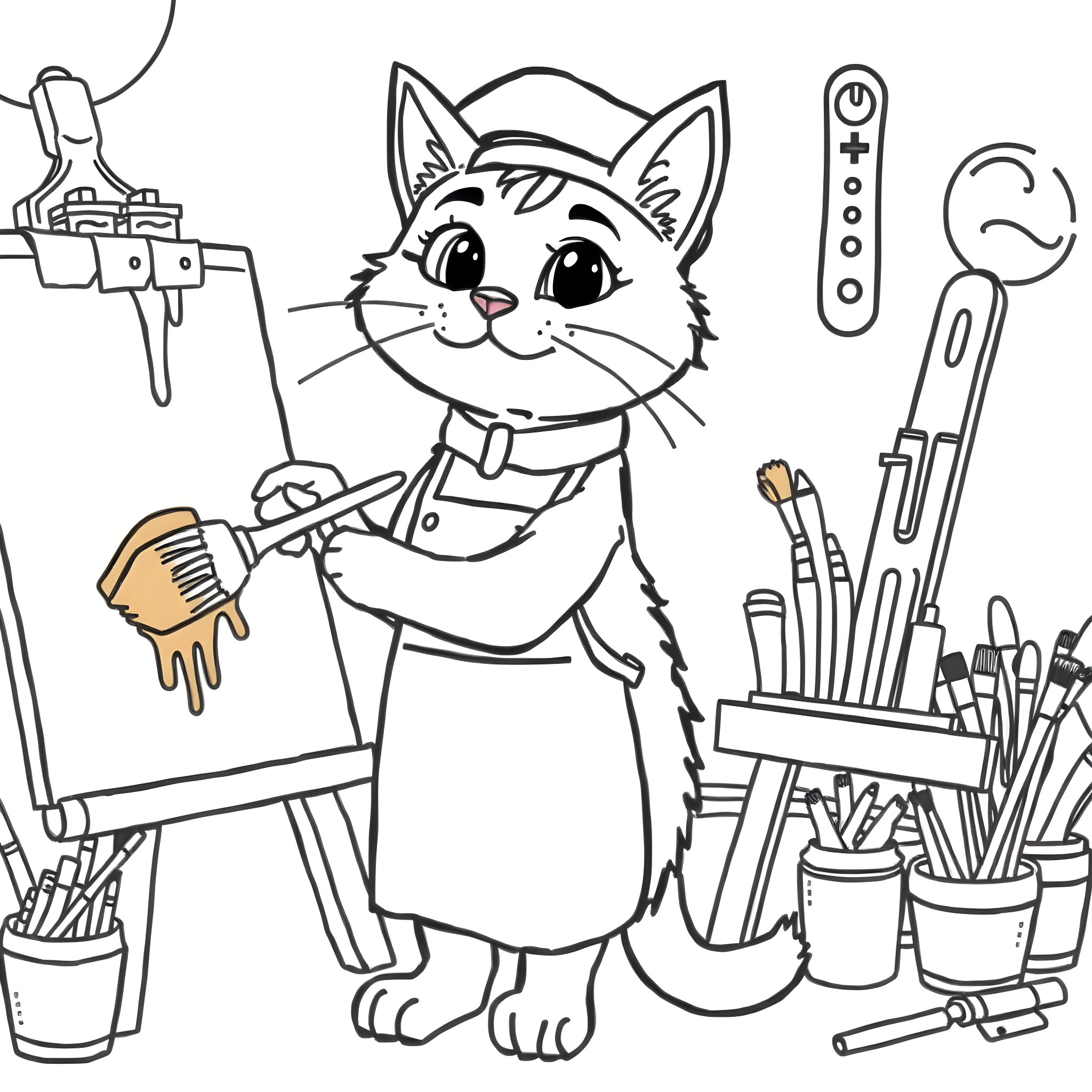 Cat Artist Painting with Supplies Coloring Page (free black-and-white line drawing printable PDF for all, from beginners to advanced learners, including children, teens, adults, and seniors)