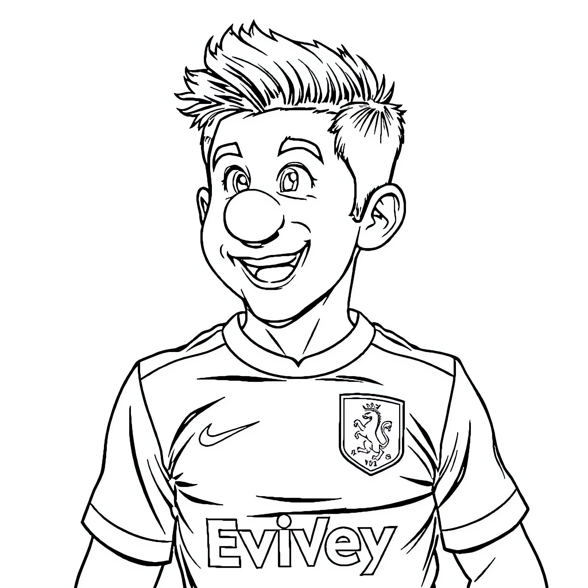 Mario's Cheerful Soccer Player Outfit Coloring Page (free black-and-white line drawing printable PDF for all, from beginners to advanced learners, including children, teens, adults, and seniors)