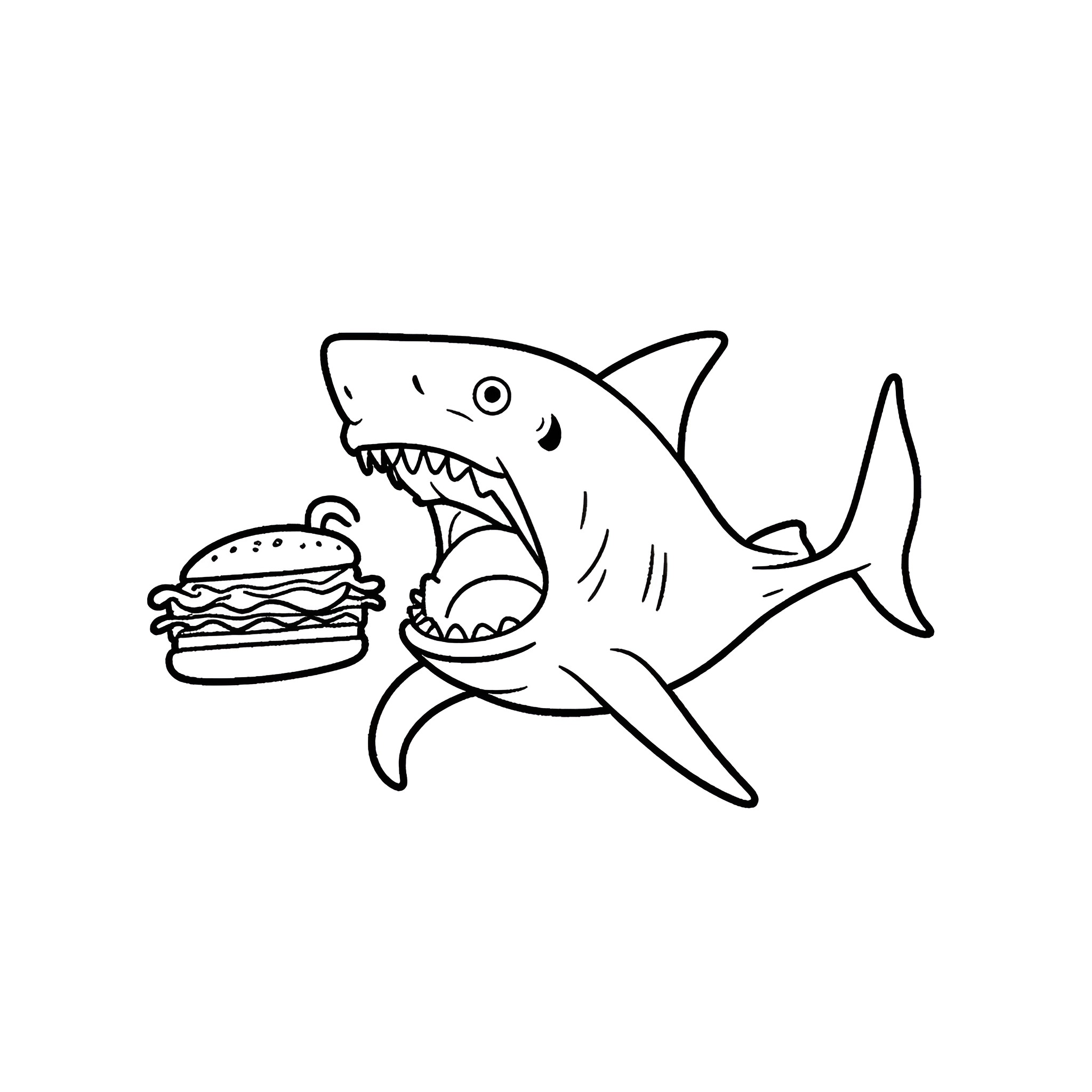 Shark eating a burger happily Coloring Page (free black-and-white line drawing printable PDF for all, from beginners to advanced learners, including children, teens, adults, and seniors)